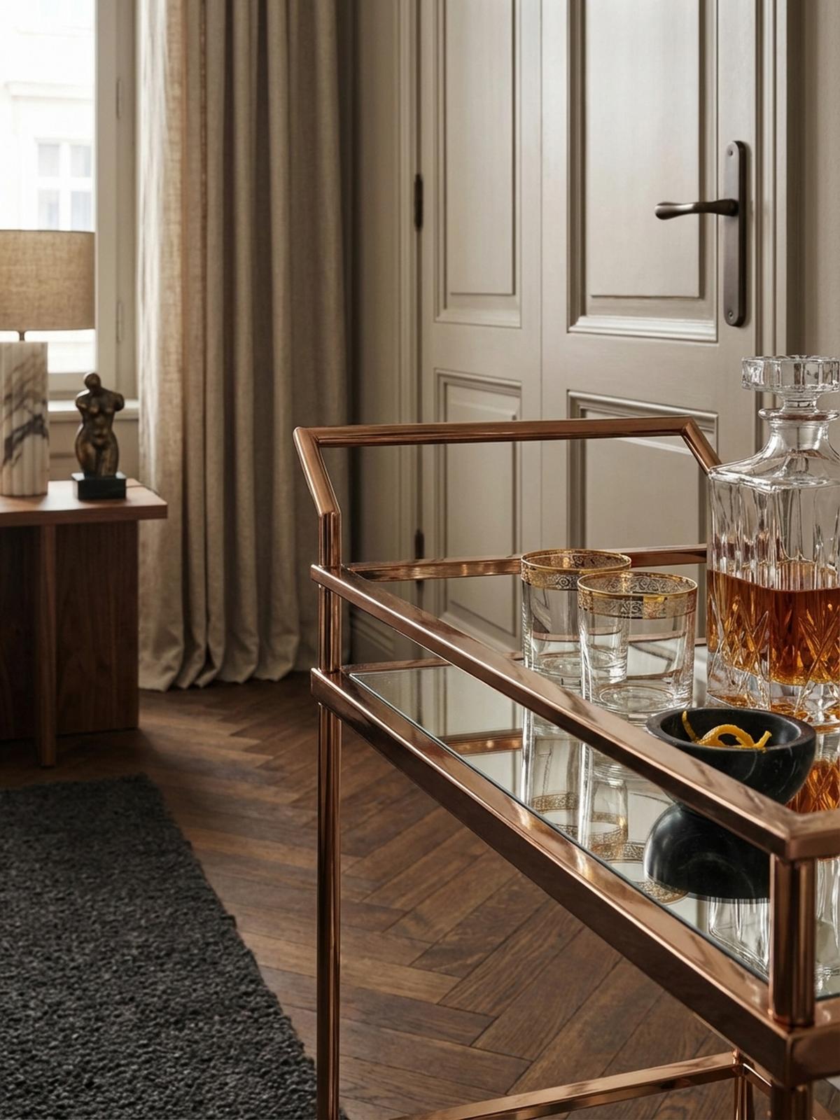 SERVIERWAGEN – Gold, Verspiegeltes Glas, auf Rollen - Goldfarben, Glas/Metall (65/84/45cm) - KADIMA DESIGN