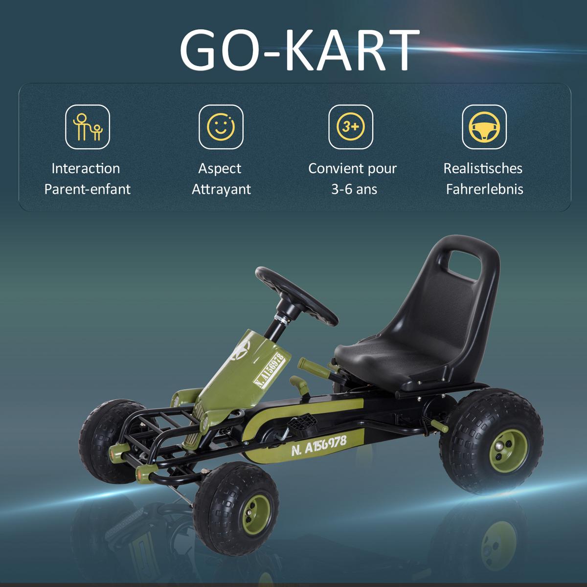GO Kart Kettcar mit Handbremse Kinder Tretauto Tretfahrzeug ab 3 Jahre Grün - Grün, Metall (99/65/56cm) - HOMCOM