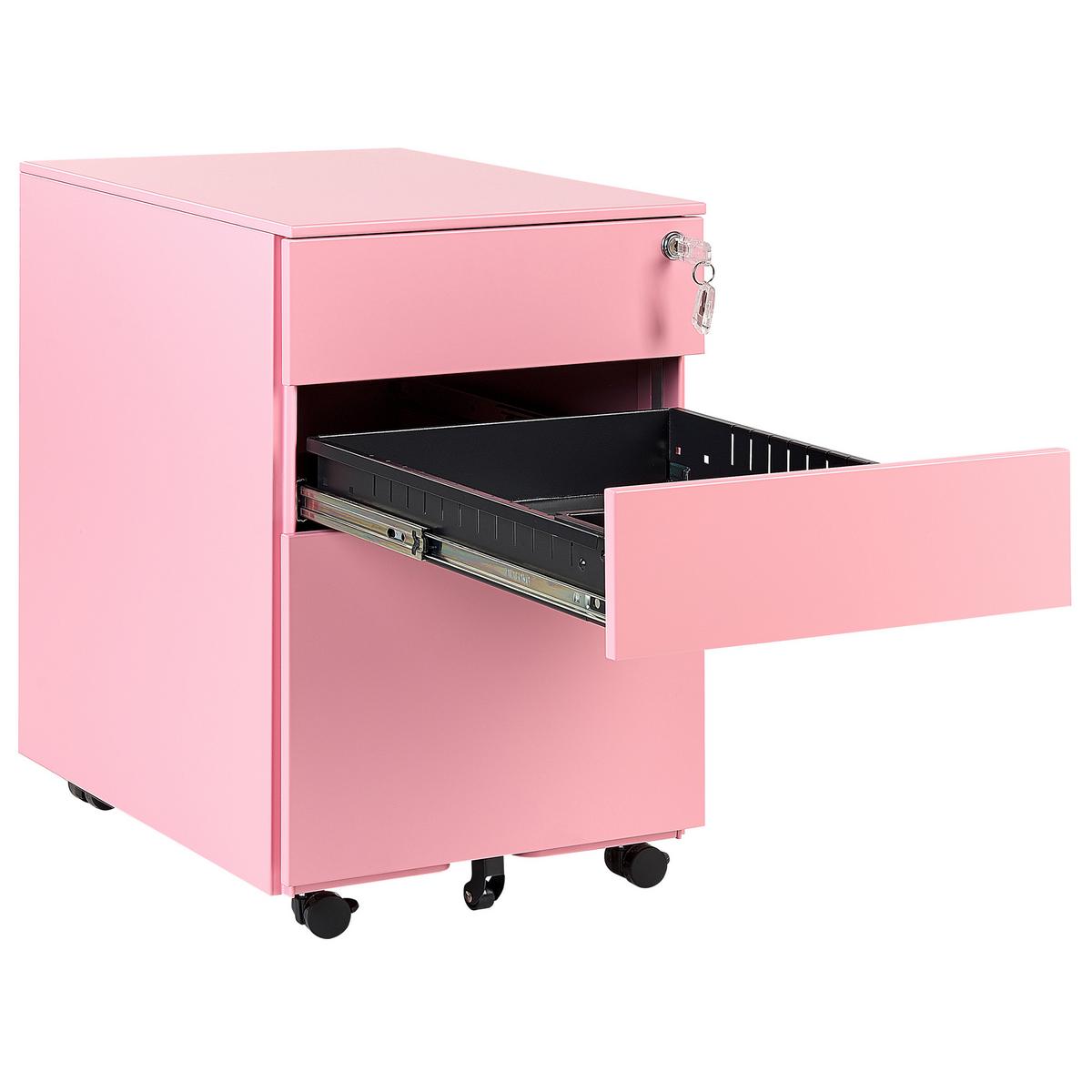 AKTENSCHRANK Metall rosa 3 Schubladen mit Rollen Cami - Pink, Metall (39/60/50cm) - Beliani