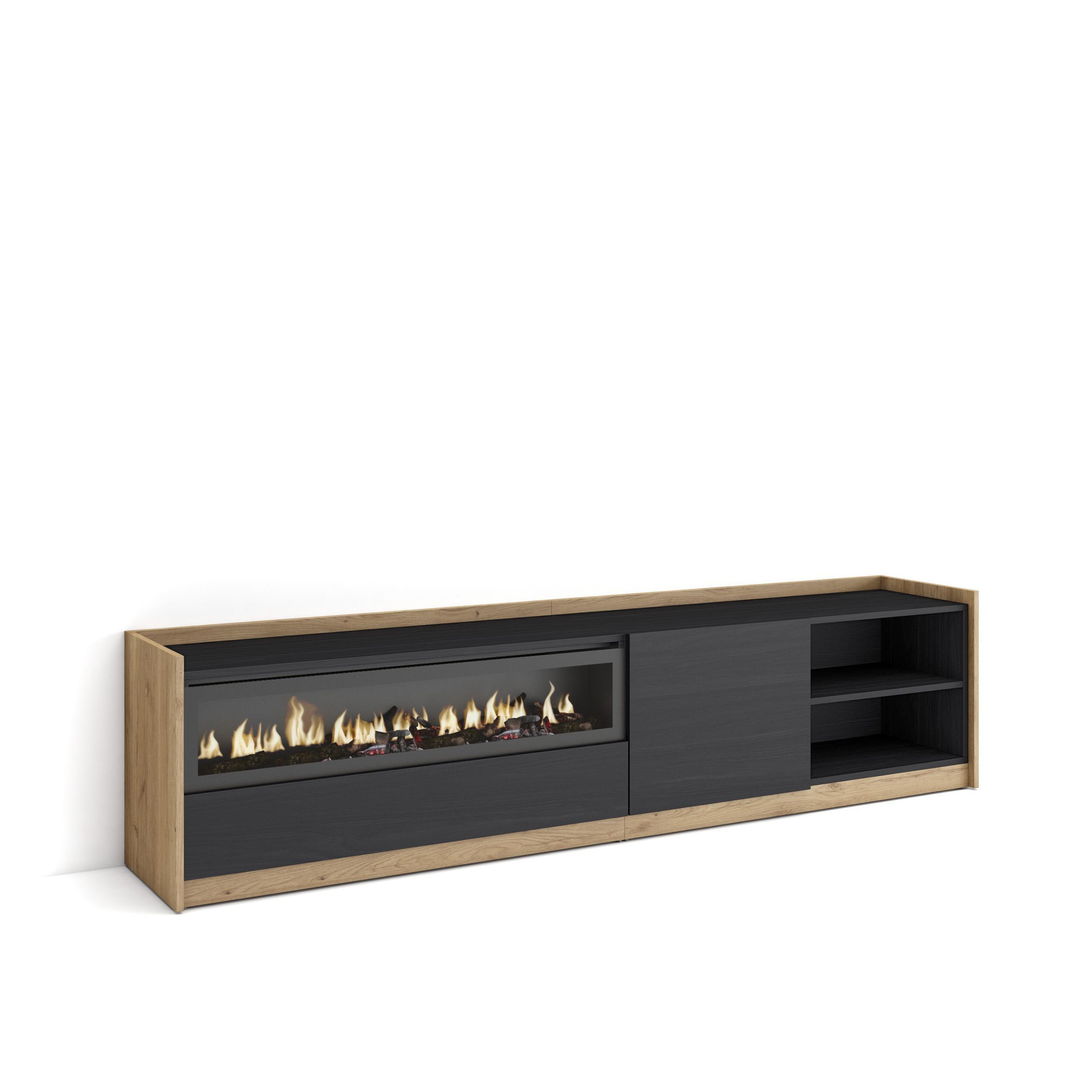 LOWBOARD, Schwarz Eiche, Elektrokamin, 207/37/50cm - Schwarz, Holzwerkstoff (207/50/37cm) - Skraut Home