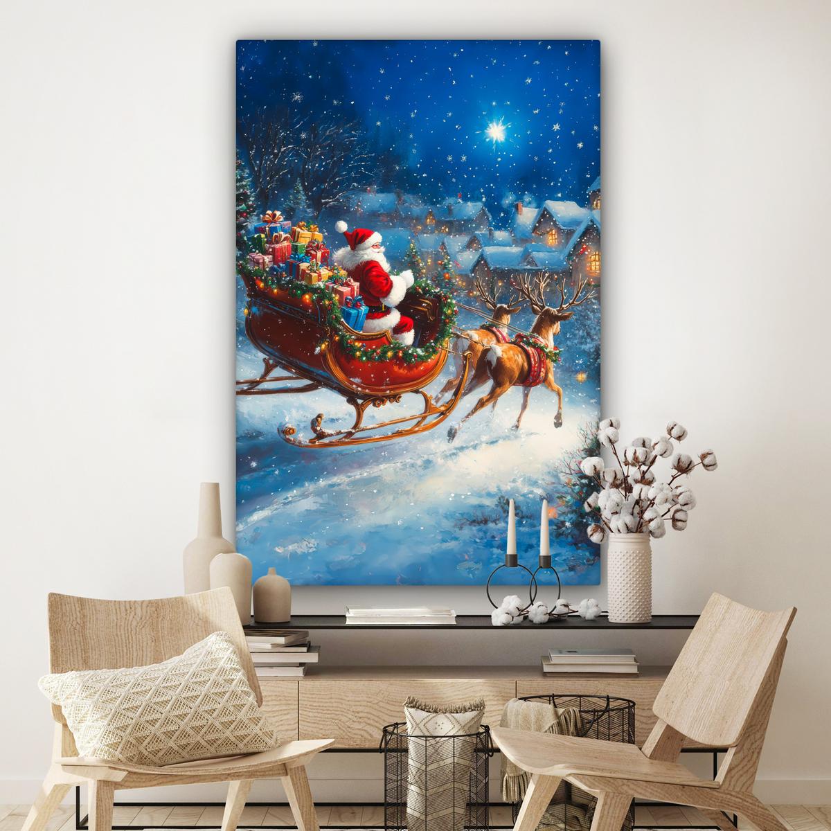 LEINWANDBILD Weihnachtsmann - Rentier - Weihnachten - Schnee Deko Groß 90x140 cm - Cognac, Textil (90/140cm) - MuchoWow