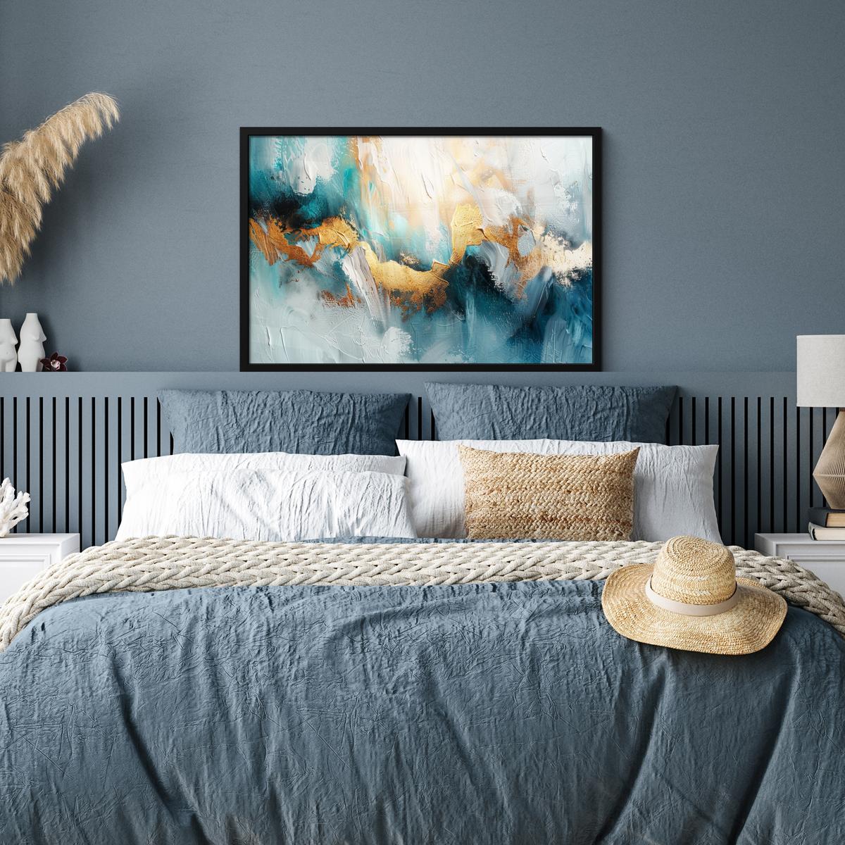 POSTER MIT RAHMENGERAHMTES BILD Abstrakt - Kunst - Gold - Blau 90x60 cm - Petrol, Papier (90/60cm) - MuchoWow
