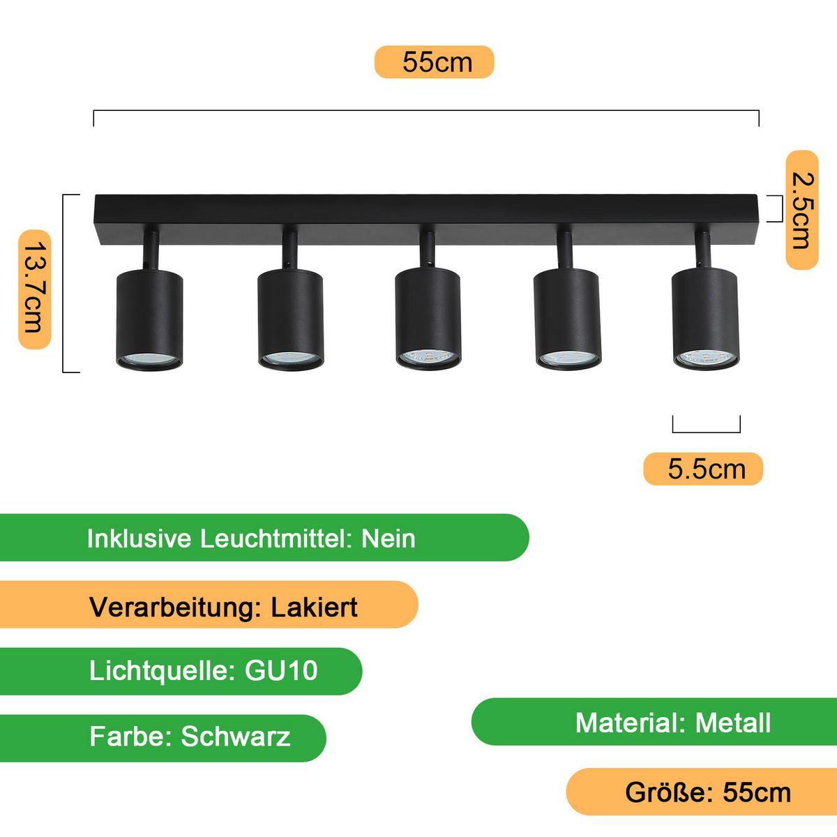 DECKENSTRAHLER Roger 5-flammig 55/3/14 cm - Schwarz, Metall (55/3/14cm) - Nettlife