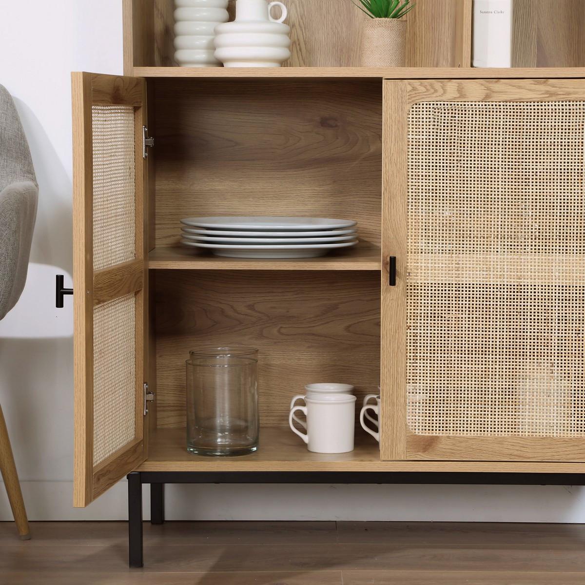 BÜCHERREGAL mit Aufbewahrung 2 Türen aus natürlichem Rattan H175cm - JAYA - Eschefarben, Holzwerkstoff (35/175/45cm) - Calicosy