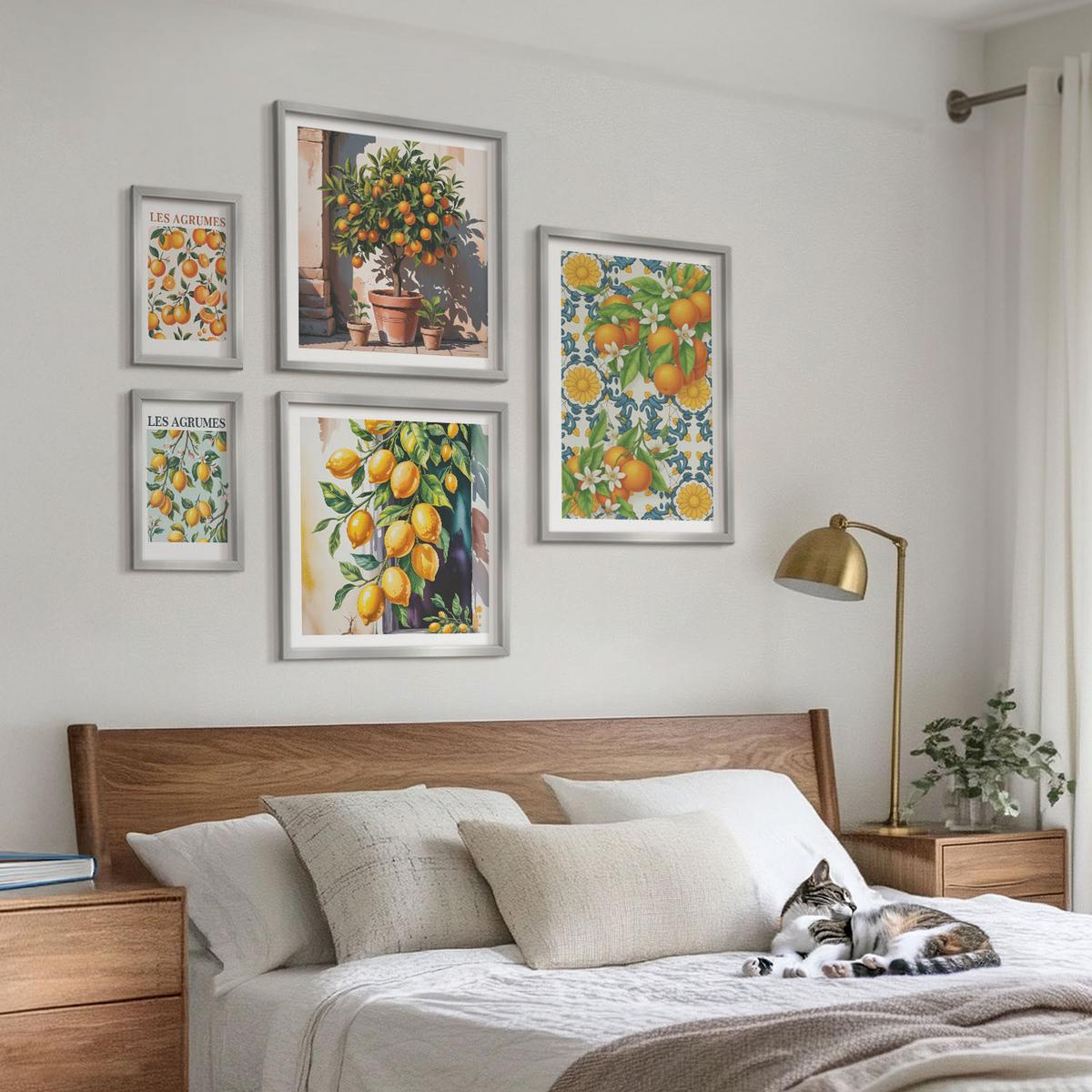 BILDER SET 5er Set - 50x50 cm & 20x30 cm & 40x60 cm Silberner Rahmen - Retro gelbe Zitrusfrüchte - Silberfarben, Kunststoff (40/60cm) - TULUP