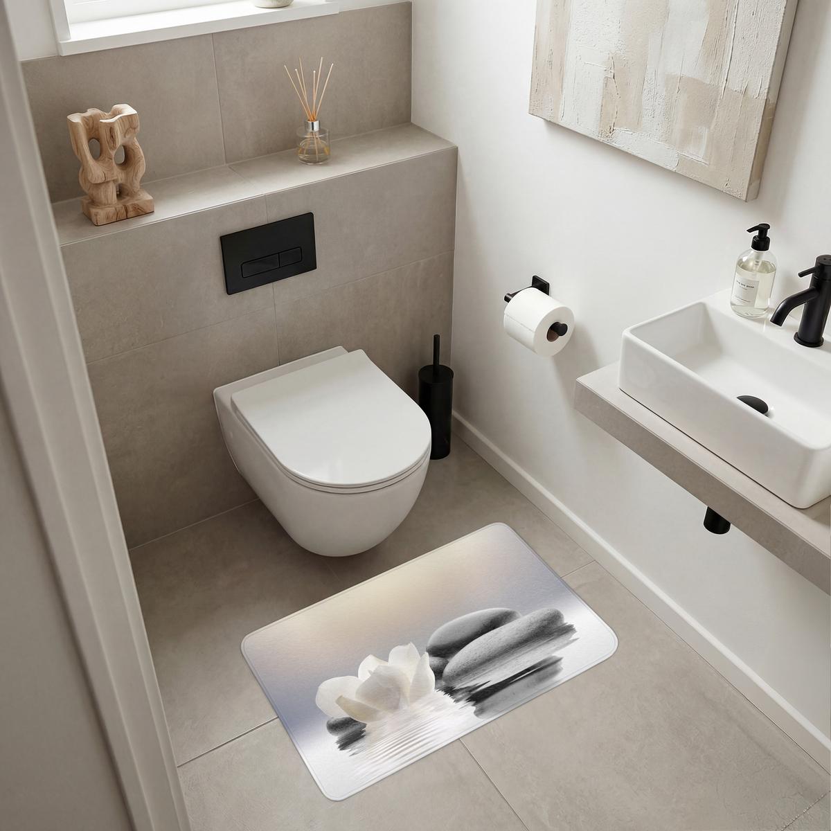 BADEMATTE Steine - Lotus - Weiß - Wasser - Zen 80x50 cm - Weiß, Textil (80/50cm) - OnlyWow