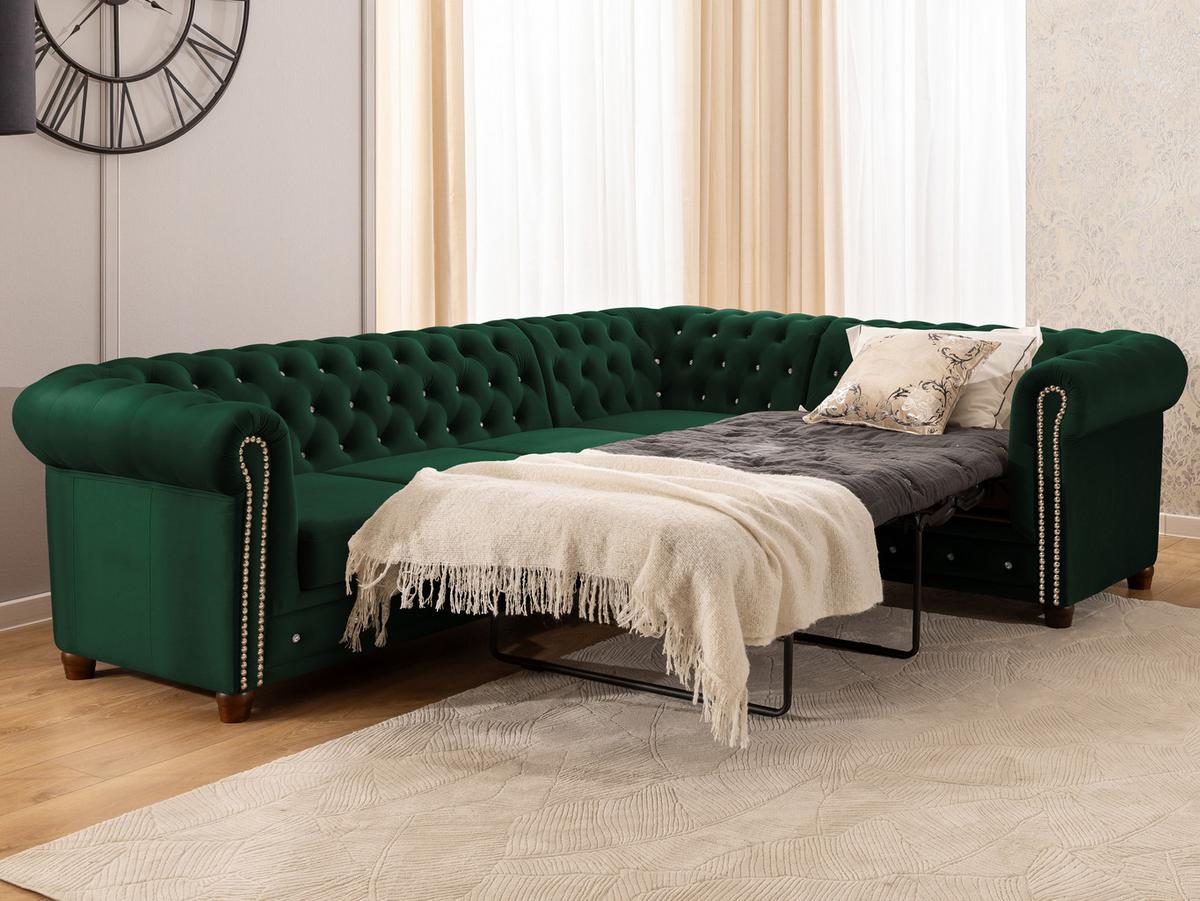 ECKSOFA mit Schlaffunktion Chesterfield Flasche Grün Samt mit Kristallsteppung und braunen Massivholzfüßen - Ottomane Rechts - Braun/Grün, Holz/Textil (264/210cm) - S-Style Möbel