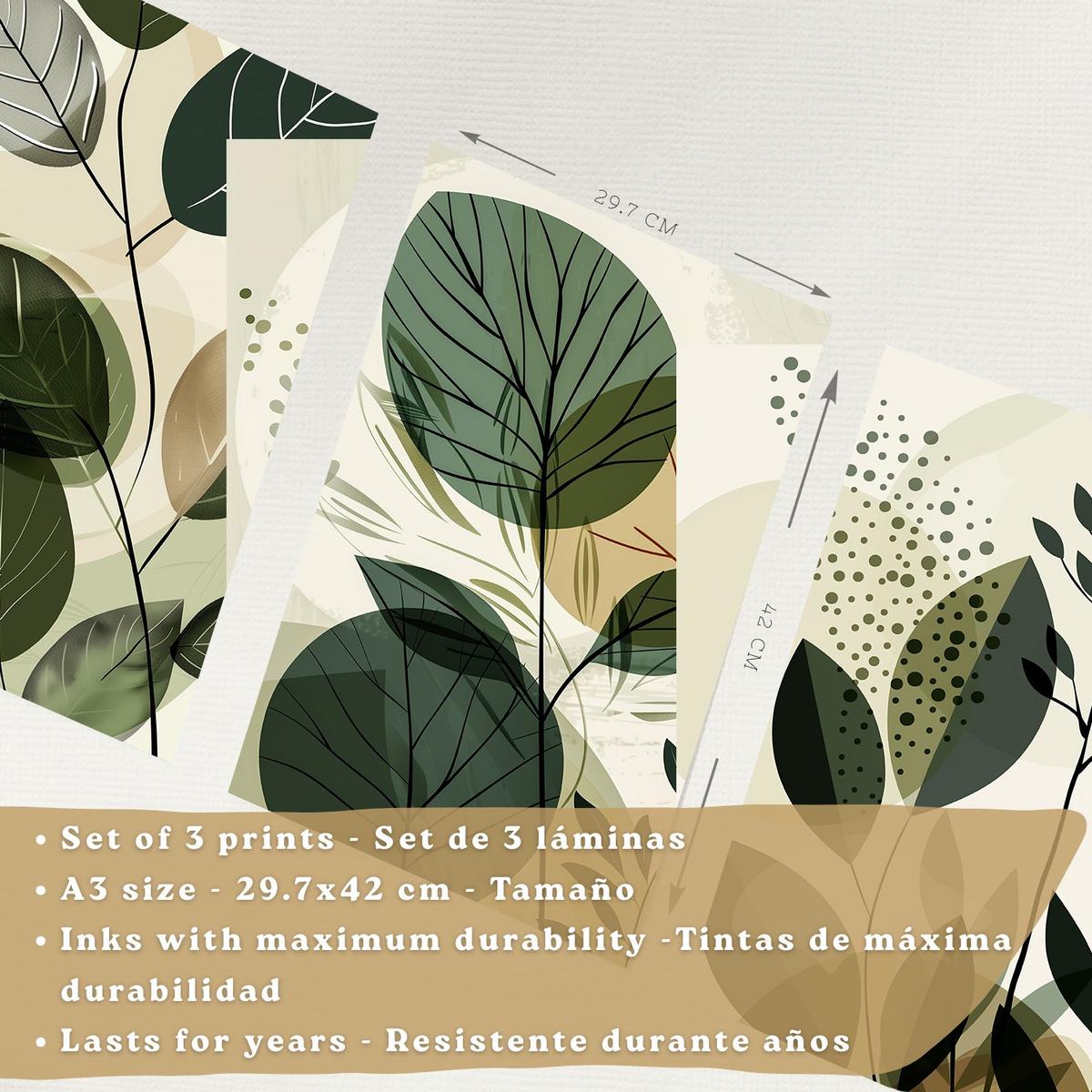 POSTER 3er Kunstdruck-Set Wandbilder Pflanzen Abstrakt modern Wohnzimmer Deko, Schlafzimmer, Küche, Badezimmer Leichter Holzrahmen A3 - Beige, Papier (29.7/1/42cm) - Nacnic