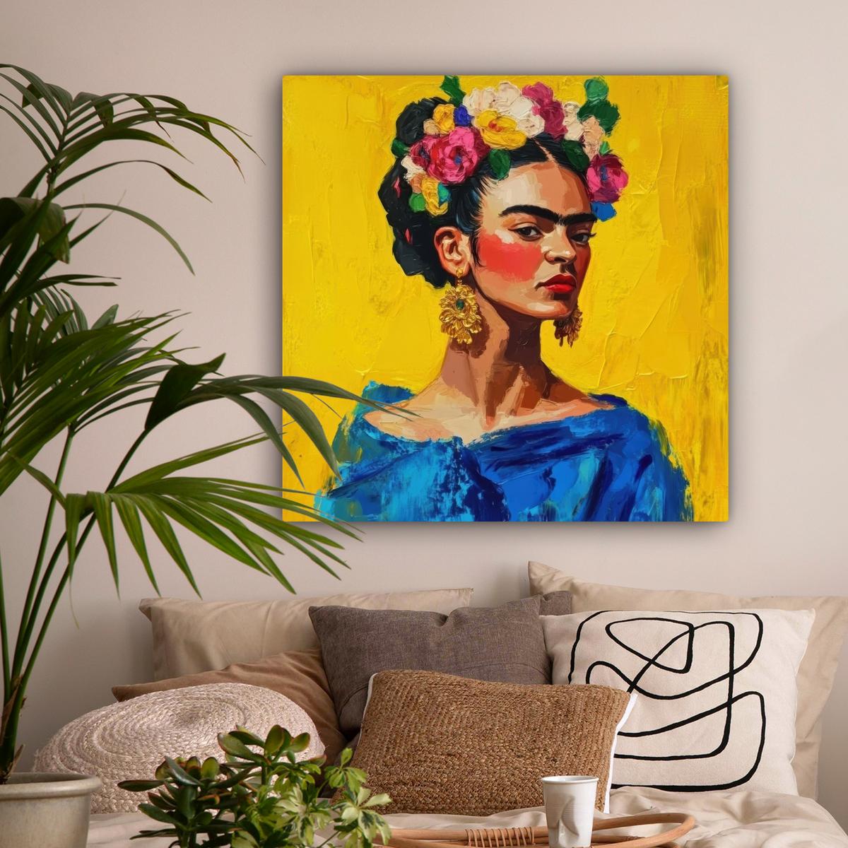LEINWANDBILD Frida Kahlo - Frau - Gelb - Blau - Blumen Deko Groß 90x90 cm - Gelb, Textil (90/90cm) - MuchoWow