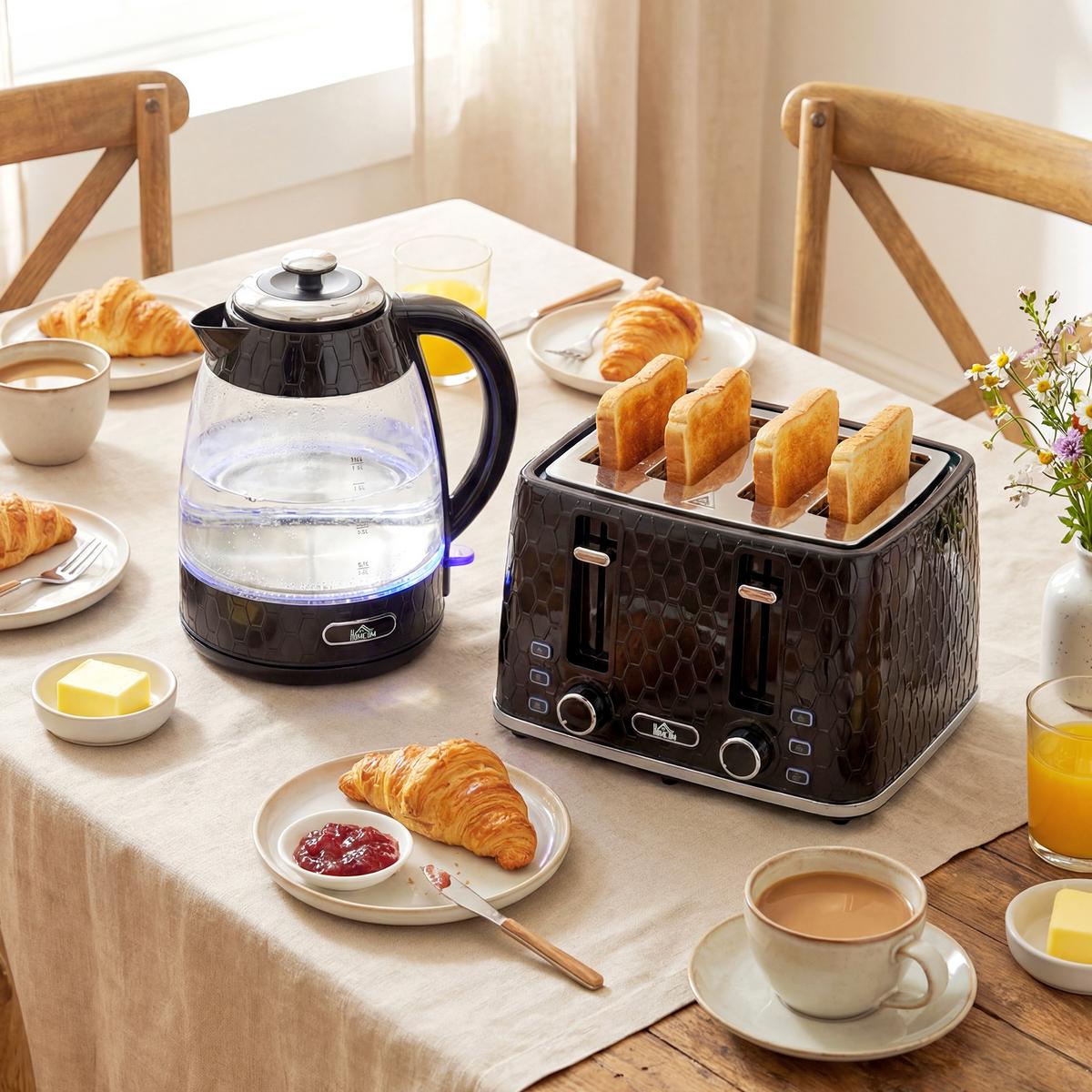 WASSERKOCHER-TOASTER SET aus Kunststoff Edelstahl Schwarz - Schwarz, Kunststoff (16.9/23.8/22.2cm) - HOMCOM