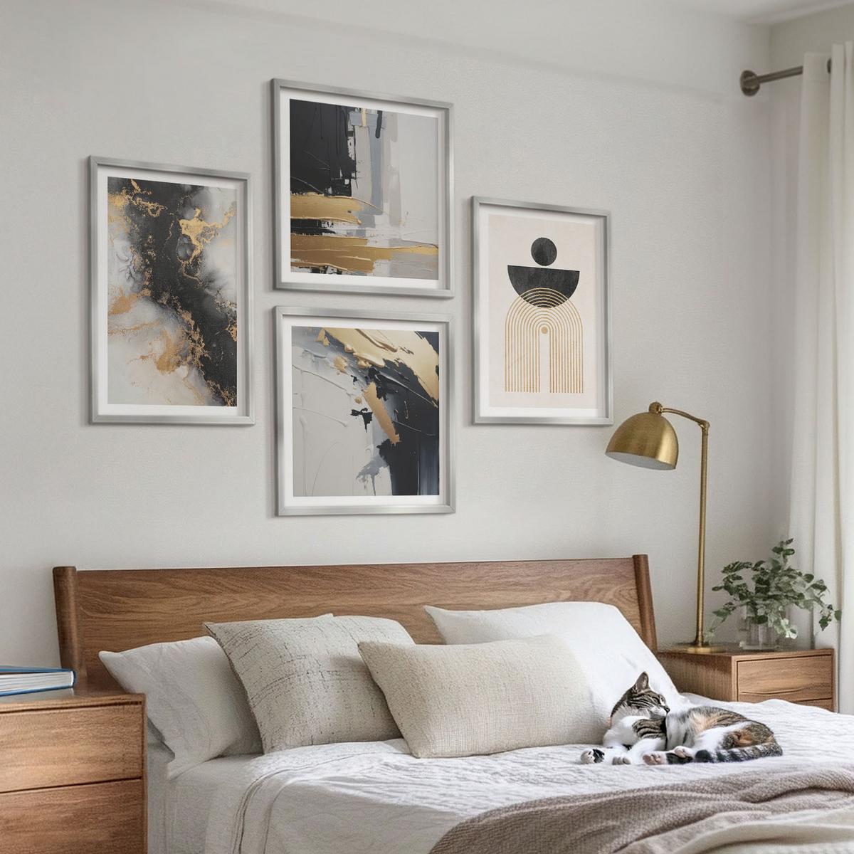 BILDER SET 4er Set - 50x50 cm & 40x60 cm Silberner Rahmen - Abstrakte Geometrie-Komposition - Silberfarben, Kunststoff (50/50cm) - TULUP