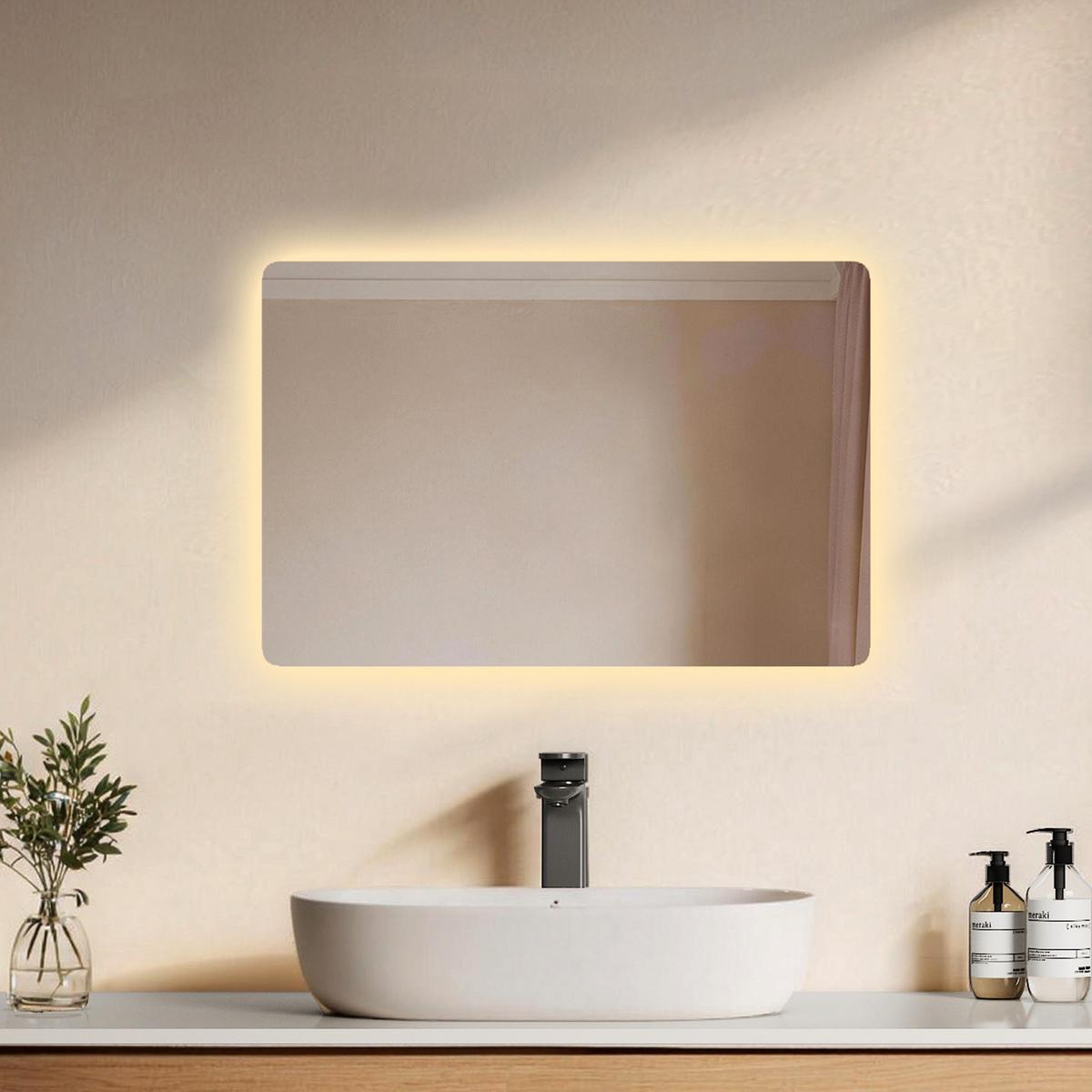 BADSPIEGEL LED abgerundet Kaltweiß/Warmweiß Wippschalter seitlich 60/40 cm - Transparent, Glas (60/40/3.6cm) - EMKE