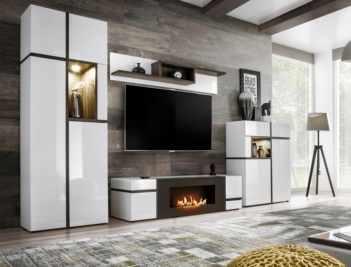 WOHNWAND weiß Hochglanz, Ulme 340 cm, Schrankwand mit Kamin, inkl. LED-Beleuchtung - Ulmefarben/Weiß Hochglanz, Glas/Holzwerkstoff (340/197/50cm) - Inn.Furn