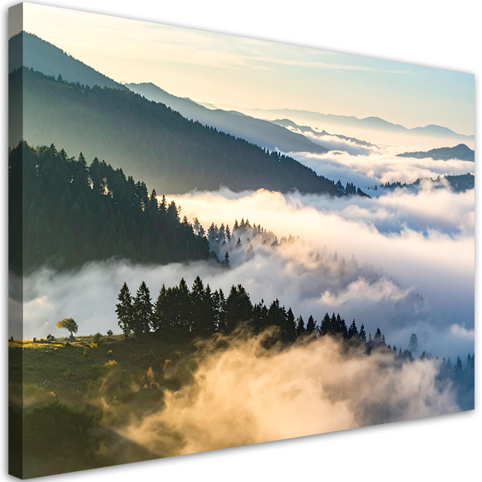 LEINWANDBILD Wald Berge im Nebel Landschaft 120x80cm - Grau, Textil (120/80cm) - Feeby