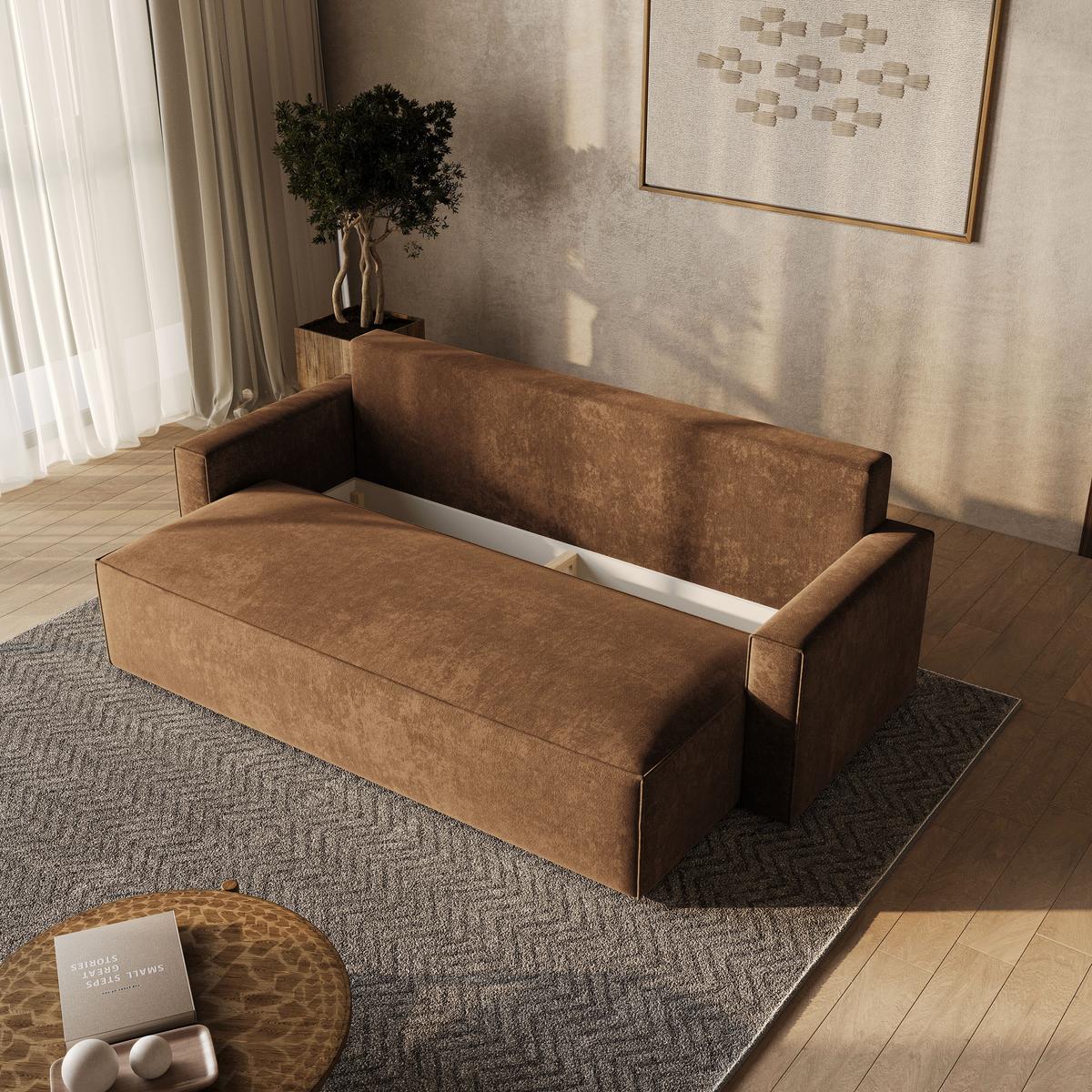 BETTSOFA MENI LM Hellbraun Chenille-Stoff mit Schlaffunktion - Hellbraun, Textil (232/85/87cm) - MASSENO