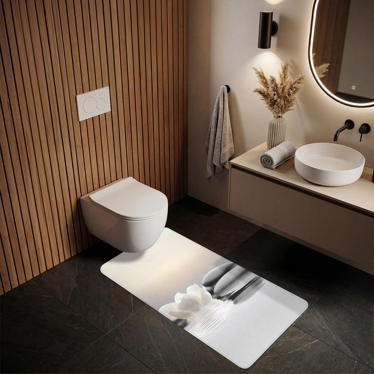 BADEMATTE Steine - Lotus - Weiß - Wasser - Zen 60x120 cm - Weiß, Textil (60/120cm) - OnlyWow