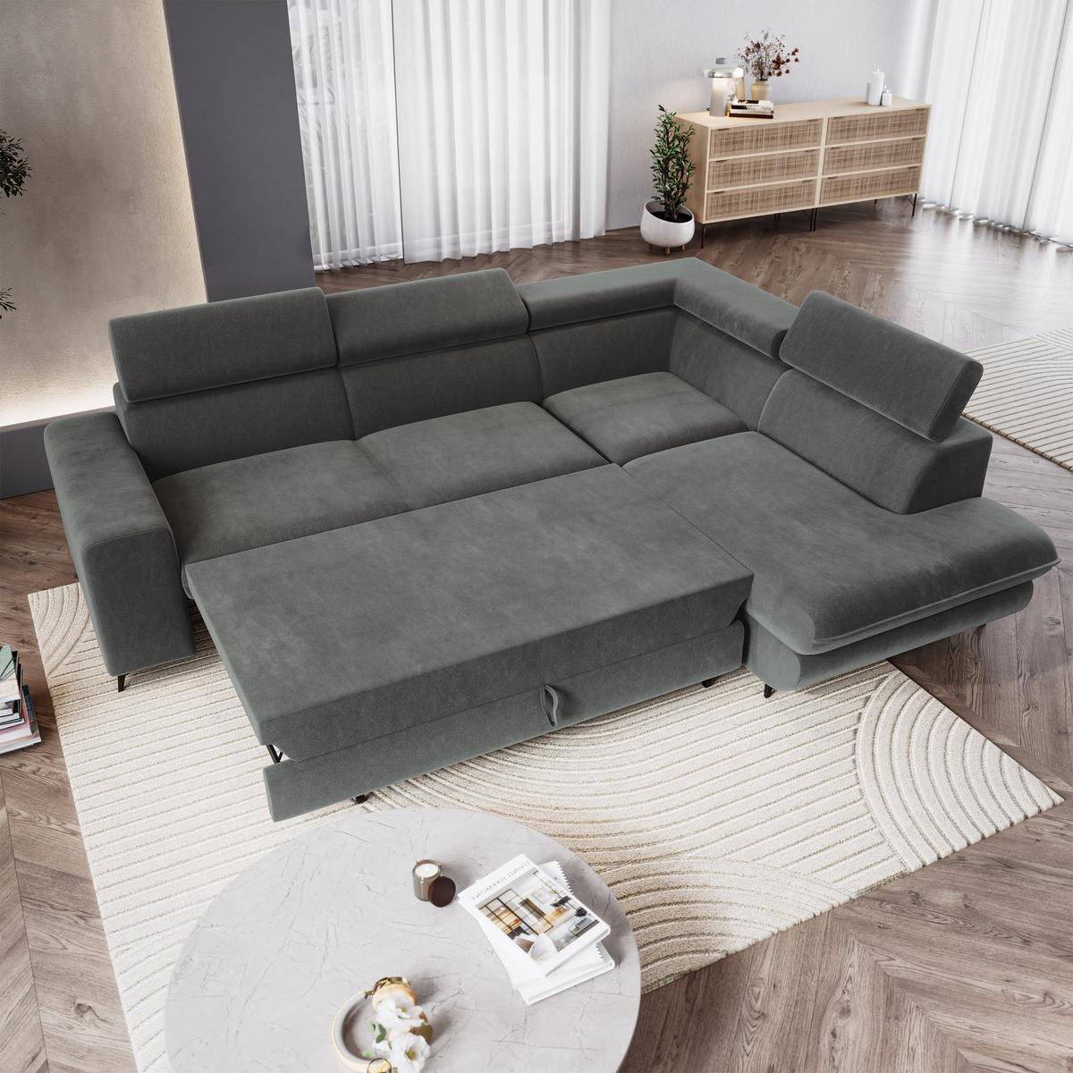 ECKSOFA VELISS Grau Veloursstoff mit Schlaffunktion - Grau, Holz (255/193cm) - MASSENO