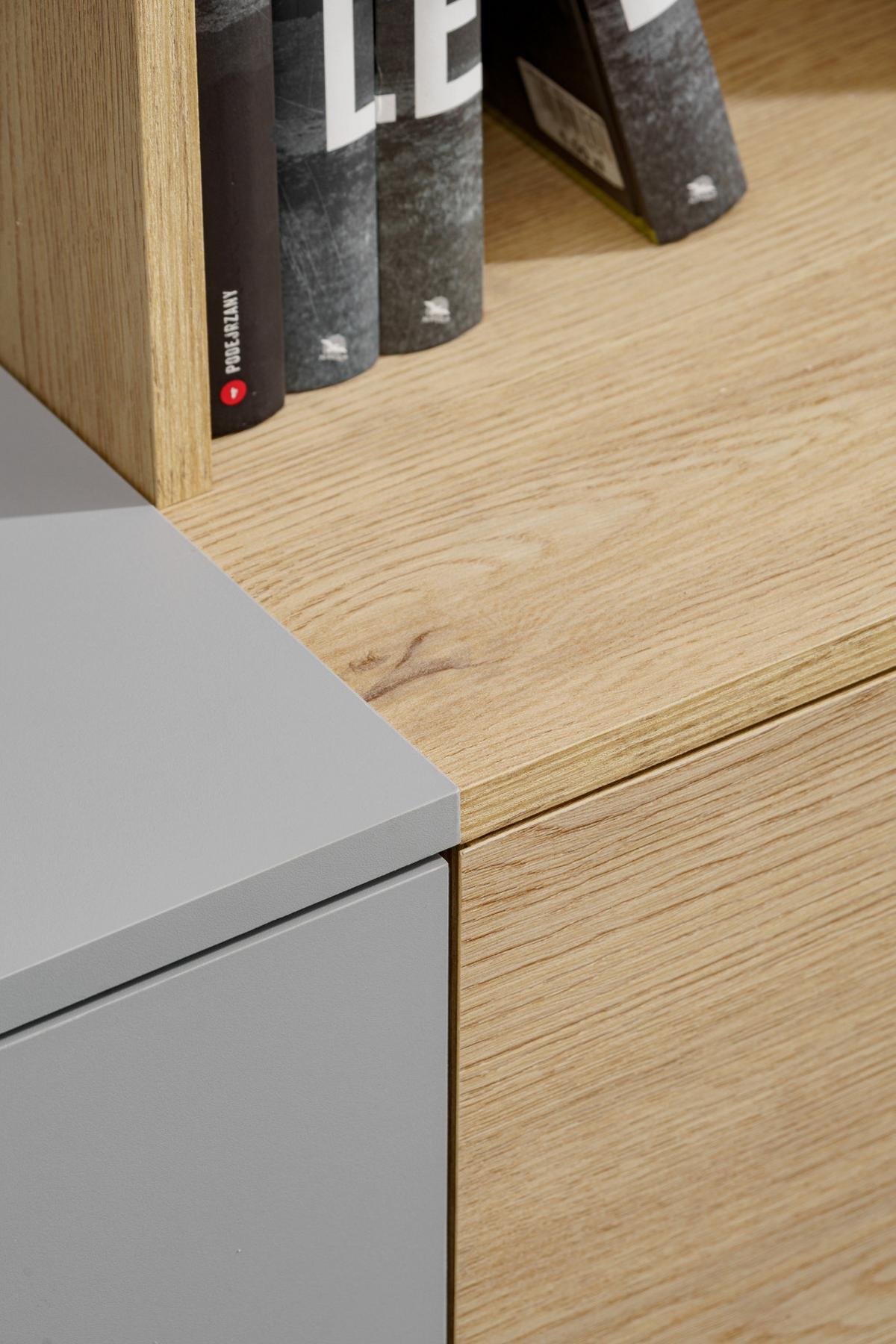 WOHNWAND Arktis-Grau, Cremona Eiche hängend 240 cm, Schrankwand mit LED und Push-to-Open - Eichefarben/Hellgrau, Glas/Holzwerkstoff (240/160/40cm) - Inn.Furn