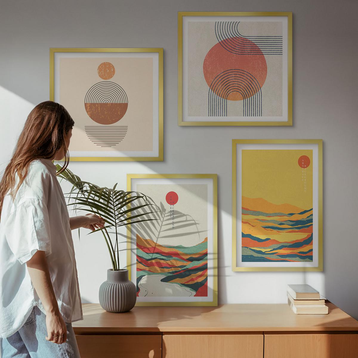 BILDER SET 4er Set - 50x50 cm & 40x60 cm Goldrahmen - Farbenfrohe Muster der Japandi-Flussberge - Goldfarben, Kunststoff (50/50cm) - TULUP