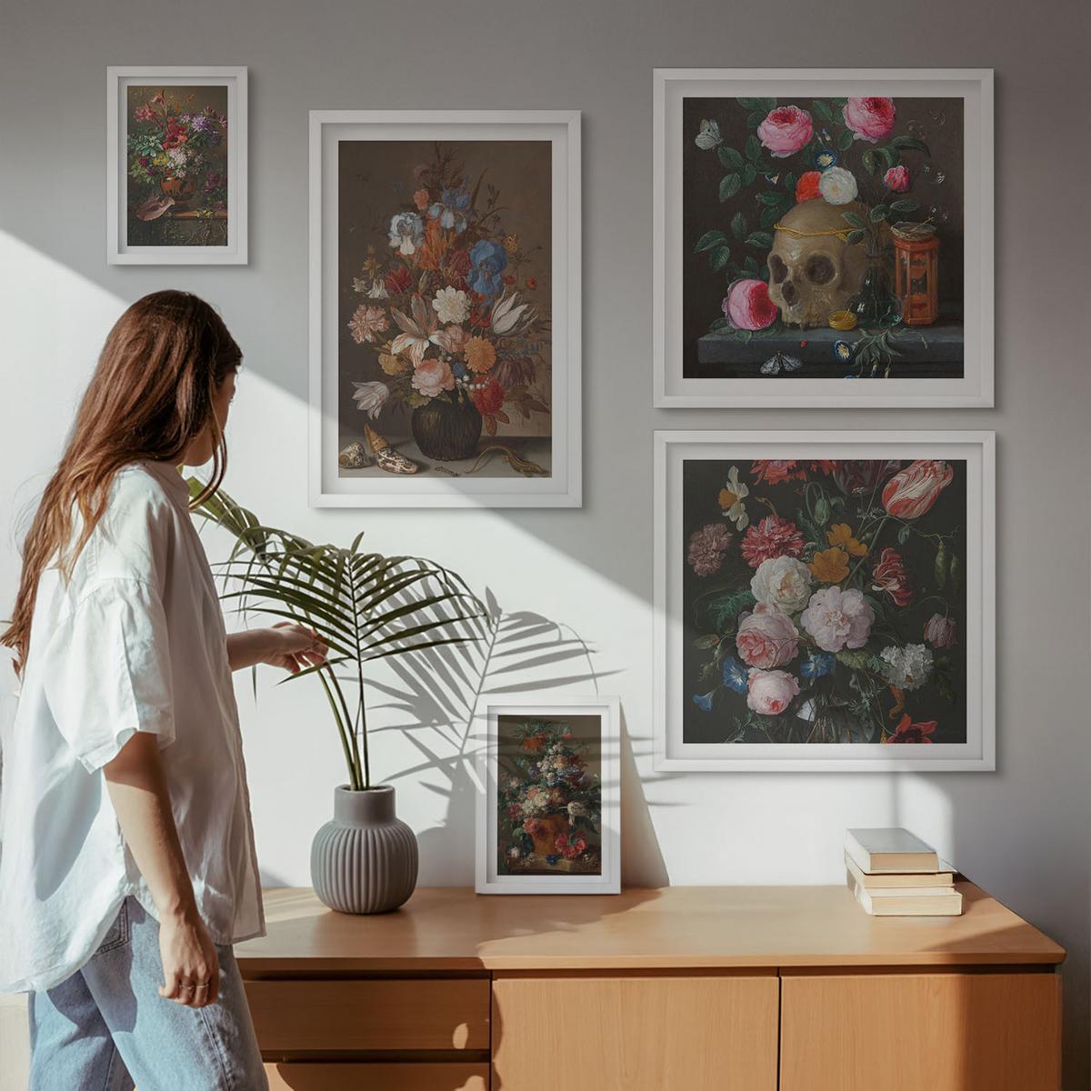 BILDER SET 5er Set - 50x50 cm & 20x30 cm & 40x60 cm Weißer Rahmen - Pfingstrosenporträt einer Frau für Zuhause - Weiß, Kunststoff (40/60cm) - TULUP