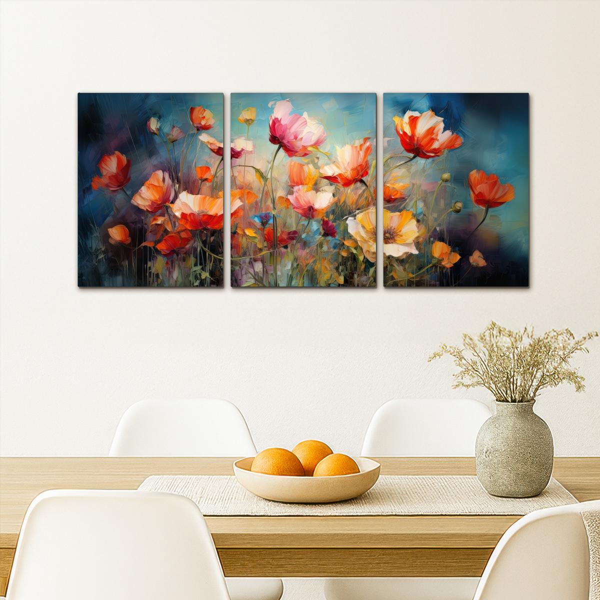 LEINWANDBILD 3er Set Blumen - Bunt - Abstrakt 90x40 cm - Blaugrau, Textil (90/40cm) - MuchoWow