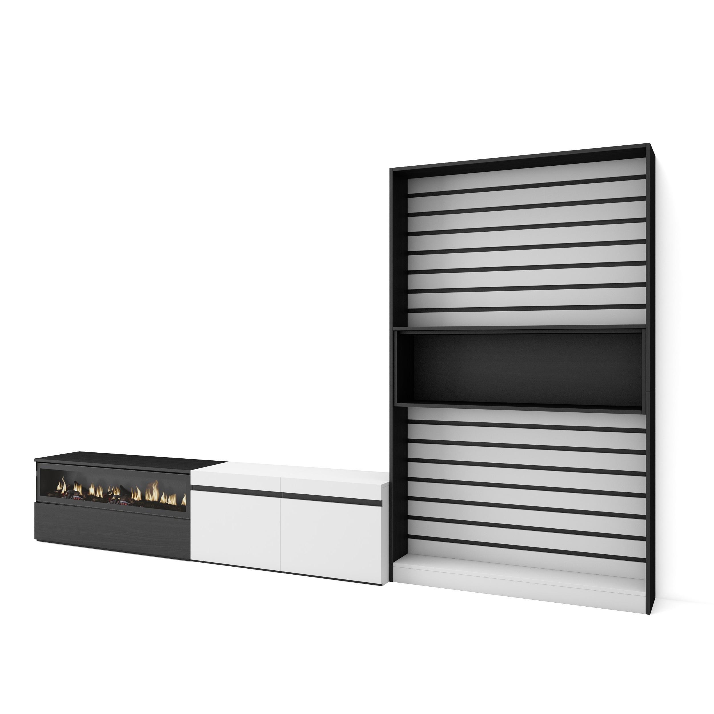 WOHNWAND Wohnzimmer, weiß und schwarz, Elektrokamin,, 310/35/186cm - Schwarz/Weiß, Holzwerkstoff (310/186/35cm) - Skraut Home