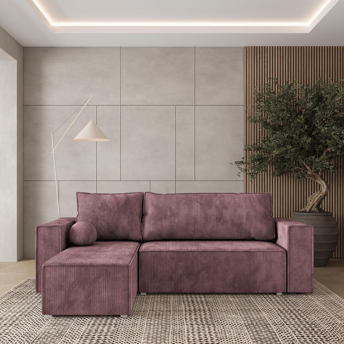 ECKSOFA RAVELO P Lila Kordstoff mit Schlaffunktion - Lila/Grau, Holz/Kunststoff (240/140cm) - MASSENO