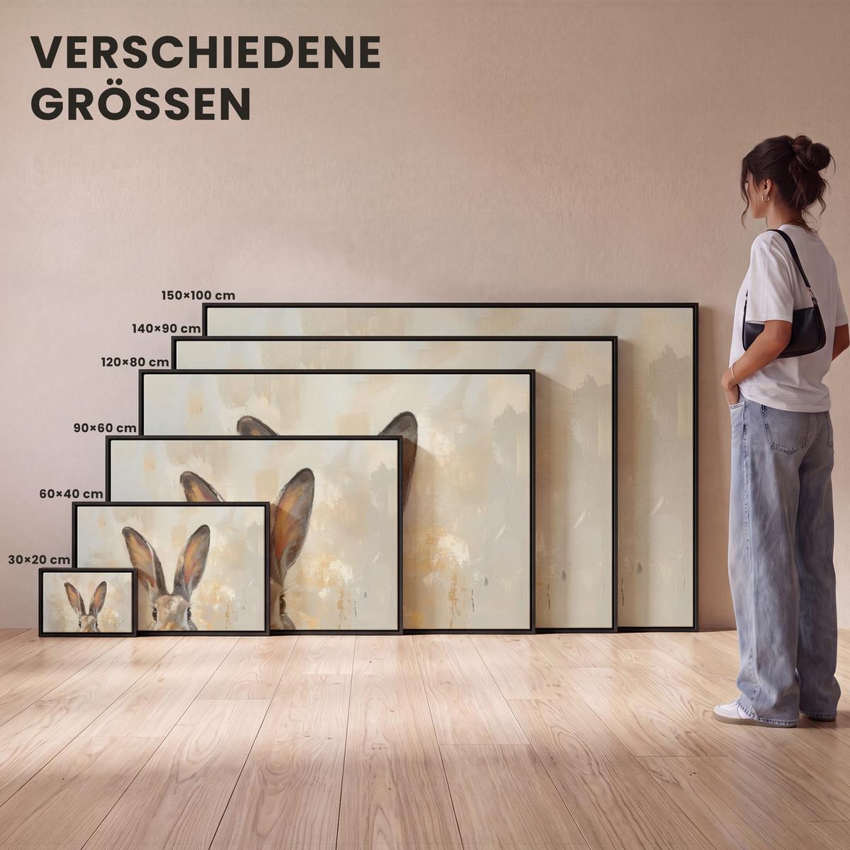 LEINWAND Bilder mit Rahmen - Hase - Ohren - Braun - 90x60 - Beige, Textil (90/60cm) - MuchoWow