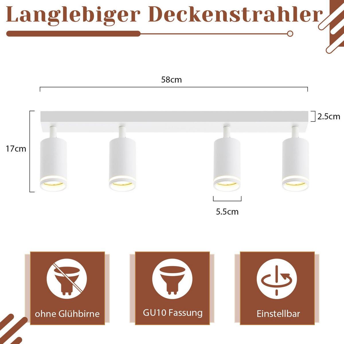 DECKENSTRAHLER Achim 4-flammig 58/5/17 cm - Weiß, Metall (58/5/17cm) - Nettlife