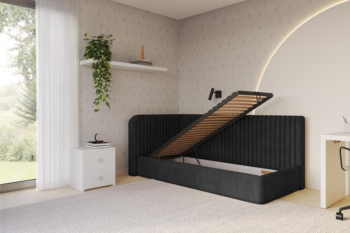 EINZELLBETT Jugendbett mit Bettkasten, Rechts - AURY 100x200 Schwarz - Anthrazit, Holzwerkstoff/Textil (100/200cm) - ALTDECOR