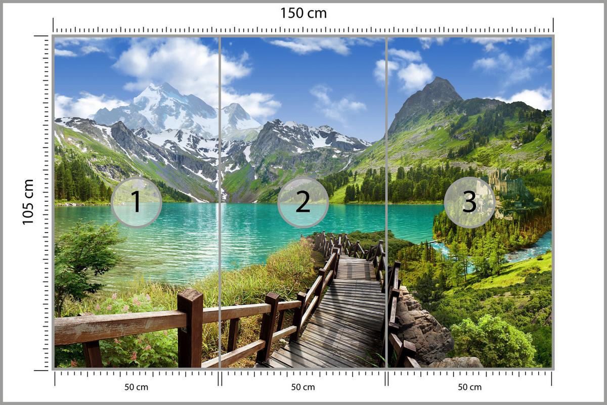 FOTOTAPETE für Wohnzimmer Holzsteg Bergsee Pflanzen Ruhe 150x105 - Türkis/Blau, Papier (150/105cm) - Muralo