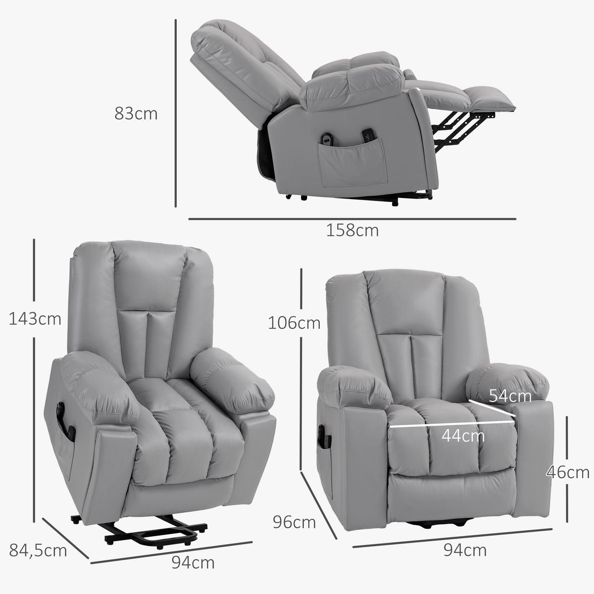FERNSEHSESSEL mit Aufstehhilfe Elektrisch, Relaxsessel mit Liegefunktion Grau - Dunkelgrau, Textil (96/106/94cm) - HOMCOM