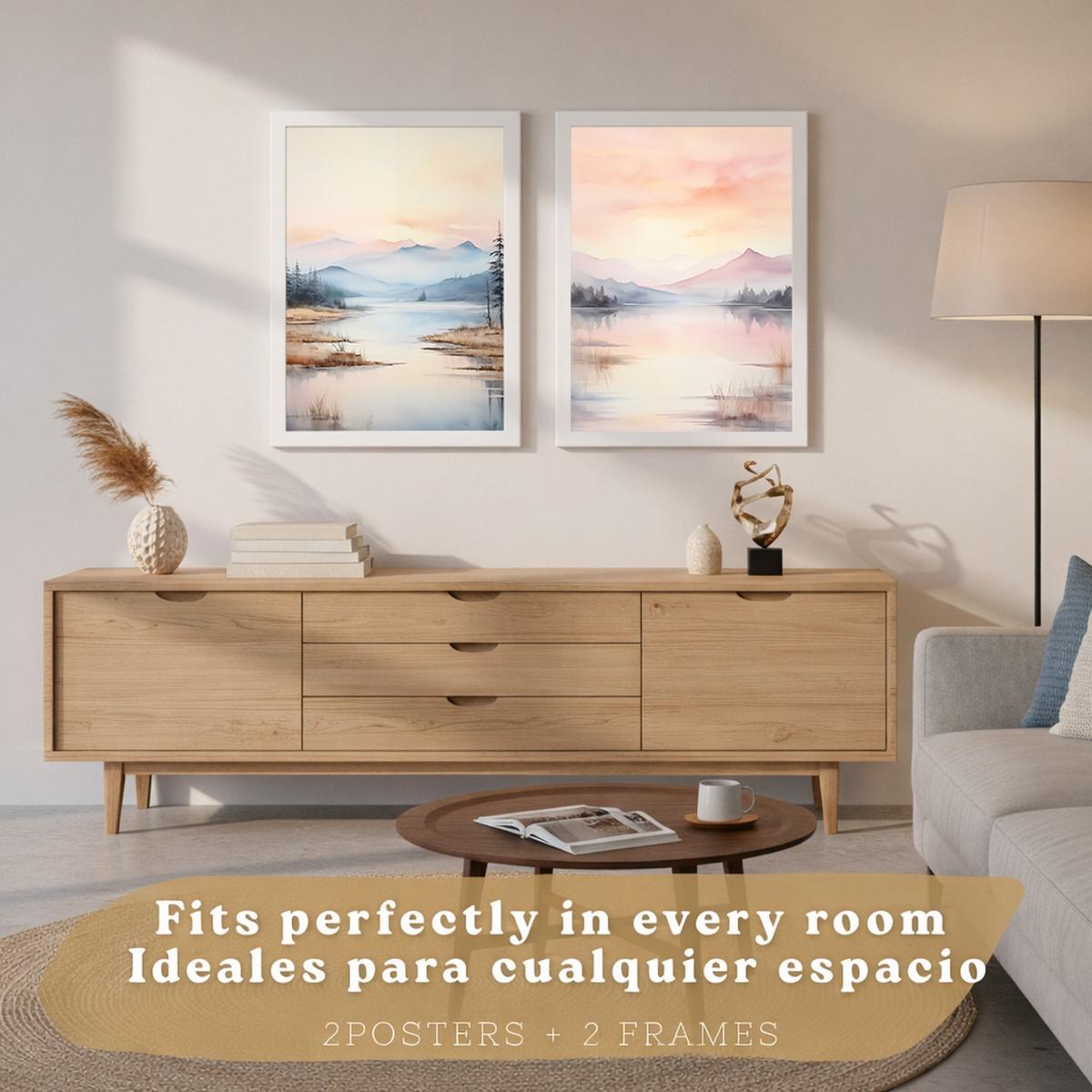 POSTER 2er-Set Wandbilder Sonnenuntergang modern Wohnzimmer Deko, Schlafzimmer, Küche, Badezimmer Rahmenlos A4 - Weiß, Papier (29.7/1/21cm) - Nacnic
