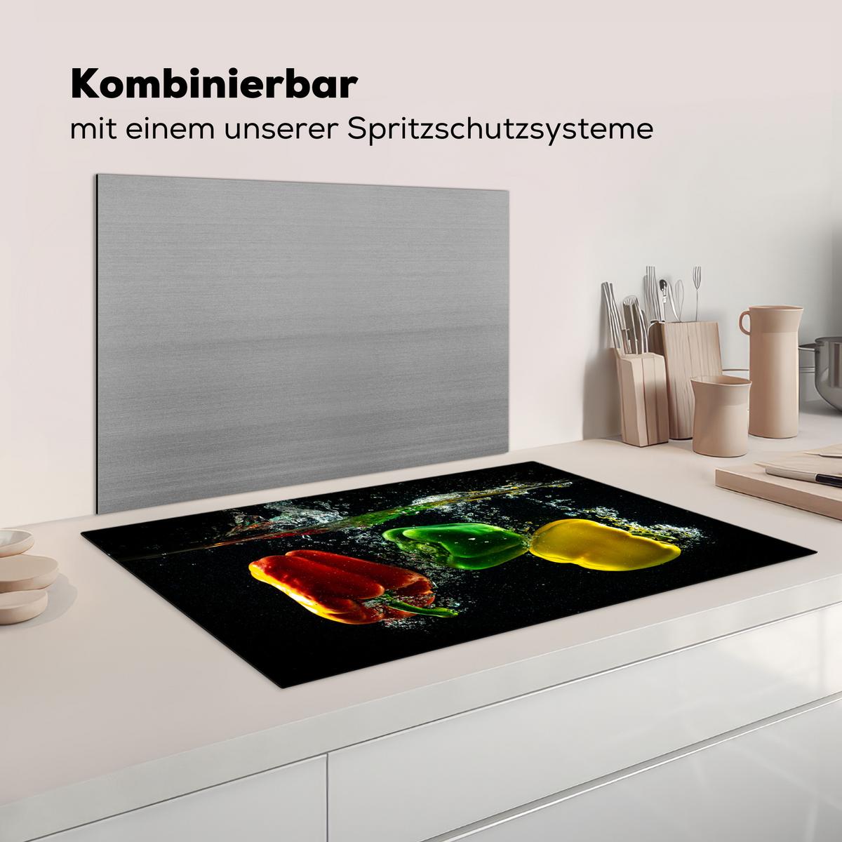 HERDABDECKPLATTE Paprika - Gemüse - Wasser - Schwarz - Rot - Grün - Gelb Ceranfeldabdeckung 85x52 cm - Multicolor, Kunststoff (85/52/0.2cm) - MuchoWow