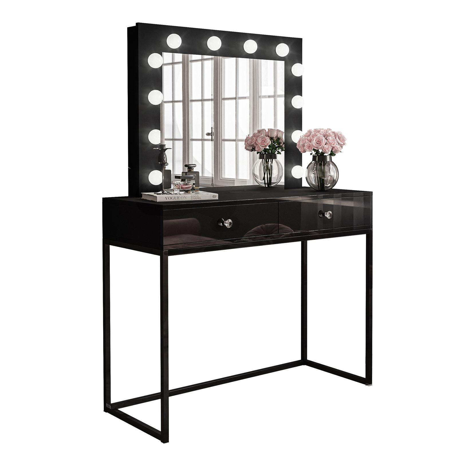 SCHMINKTISCH BLANCO LOFT mit Spiegel und Beleuchtung Schwarz Hochglanz Kristallgriff - Schwarz Hochglanz/Schwarz, Holzwerkstoff (100/146/42cm) - Lookway