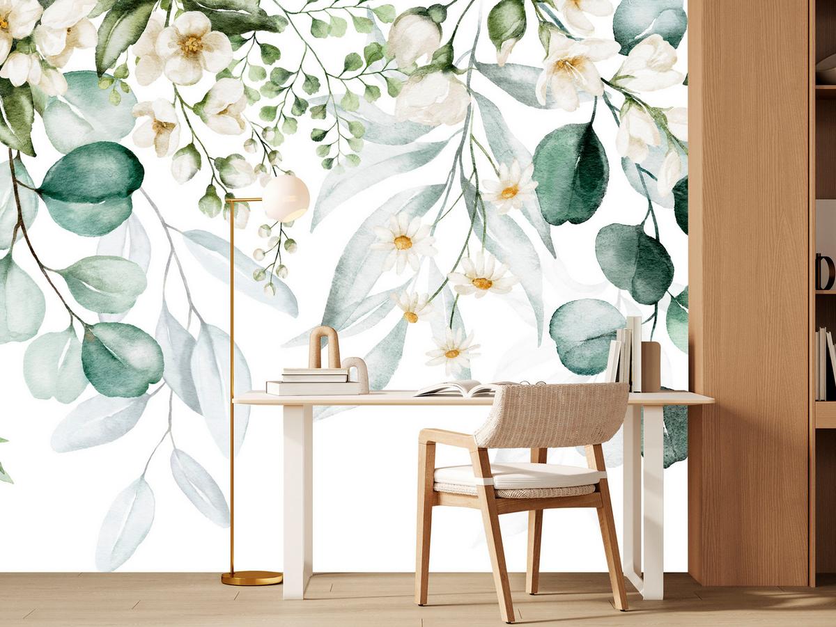 FOTOTAPETE für Schlafzimmer Aquarell Blätter Blumen Weiß 350x256 - Gelb/Weiß, Papier (350/256cm) - Muralo