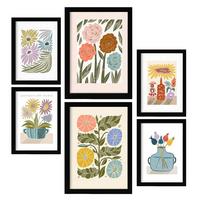 POSTER Set Mit 6 Drucken Blüten In Der Sammlung Ethnischer Style Drucke Dekorative Rahmen Für Ihr Zuhause Wandkunstdruck A3 & A4 Schwarzer Rahmen - Schwarz, Papier (29/3cm) - Nacnic