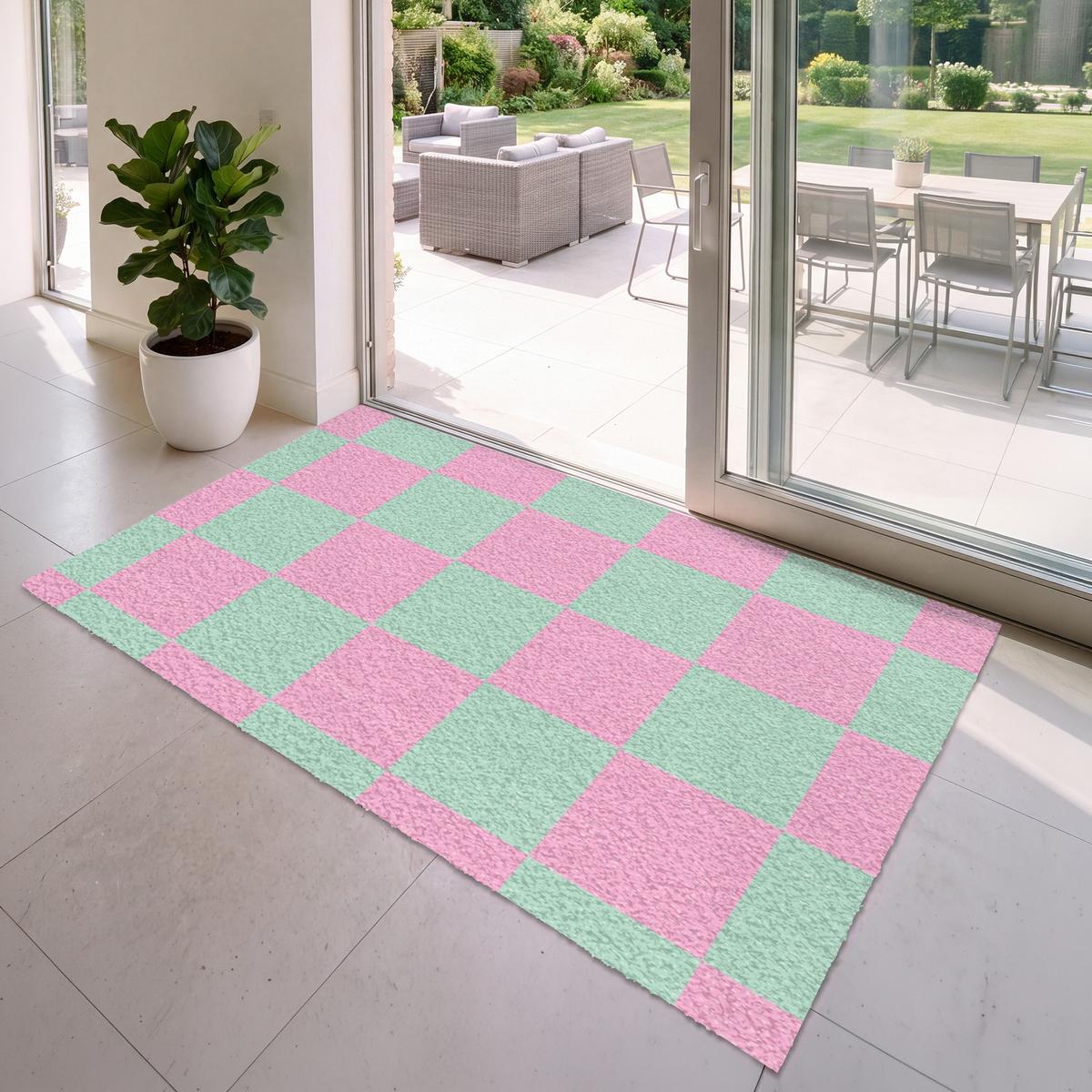 FUSSMATTE Schachbrettmuster - Grün - Rosa - Würfel Fußabtreter 180x120 cm - Mintgrün, Kunststoff (180/0.4cm) - MuchoWow