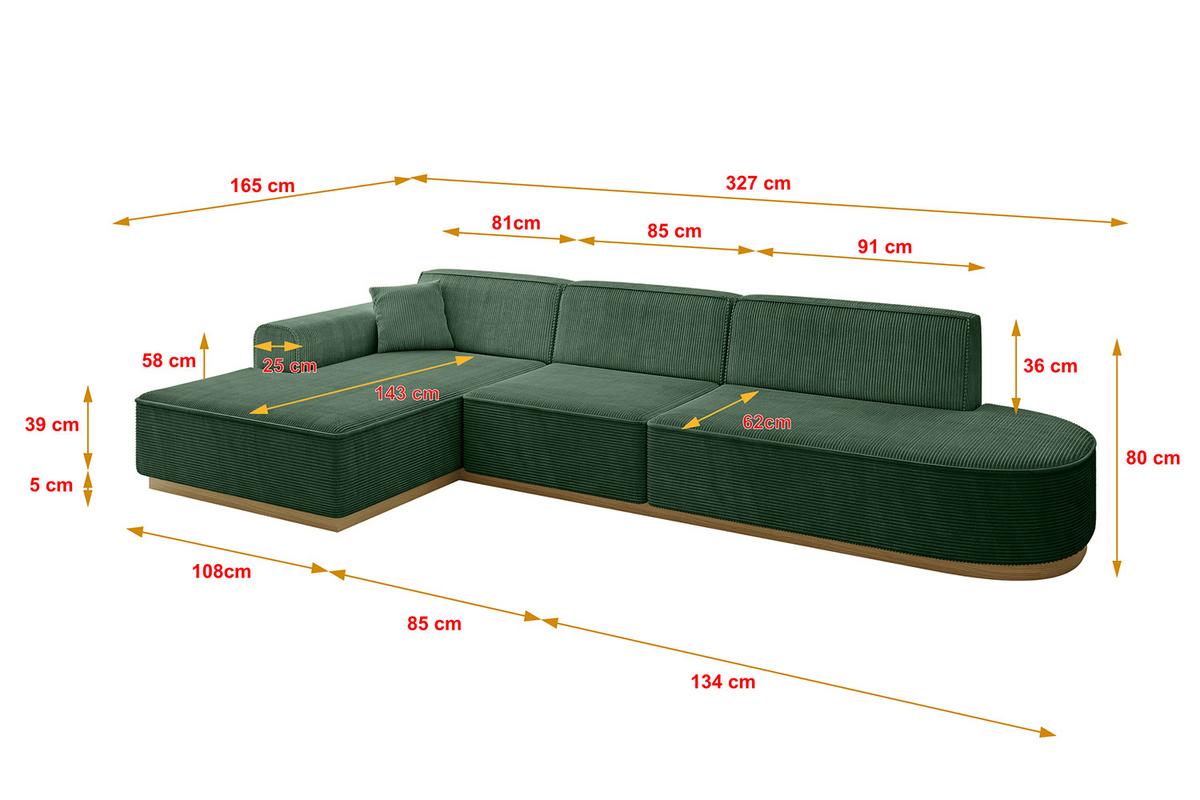 ECKSOFA Ottomane Links IREA-L2-v2 - 327x165x80 cm Grün - Currygelb, Holzwerkstoff/Textil (327/165cm) - ALTDECOR