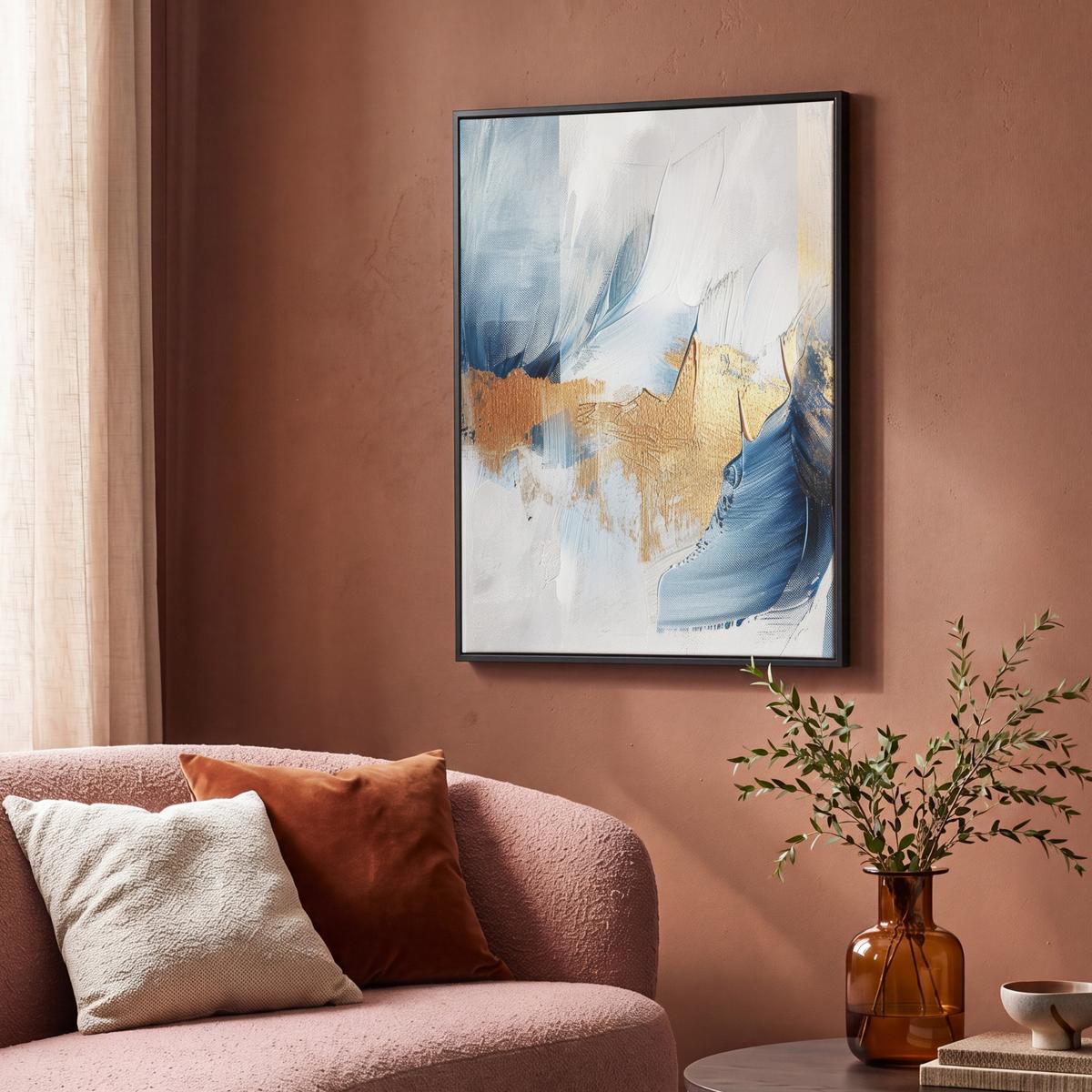 LEINWAND Bilder mit Rahmen - Gold - Blau - Aquarell - Kunst - Modern - 70x100 - Hellblau, Textil (70/100cm) - MuchoWow