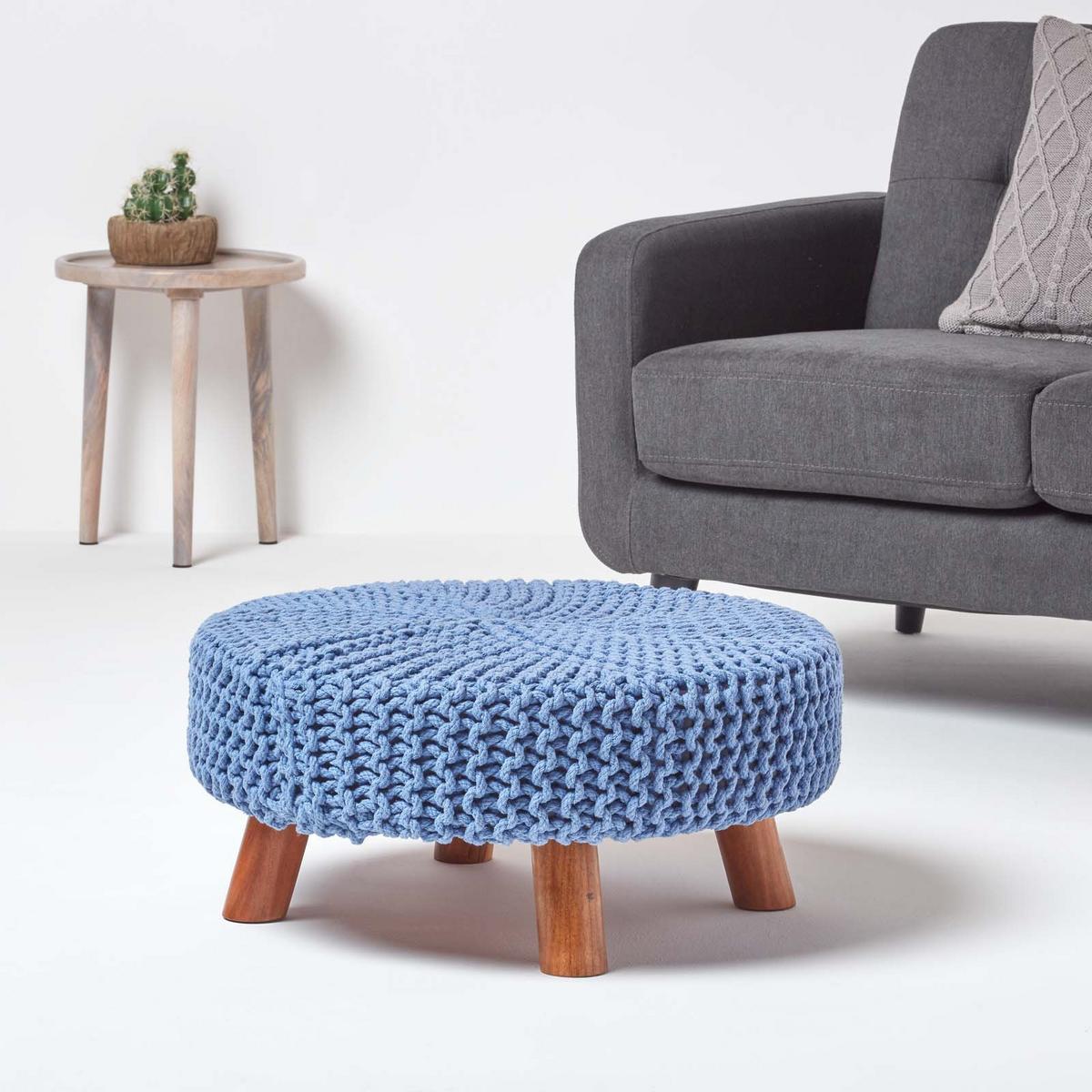 STRICK-HOCKER blau, rund 62/62/30 cm - Blau, Textil (62/30/62cm) - Homescapes