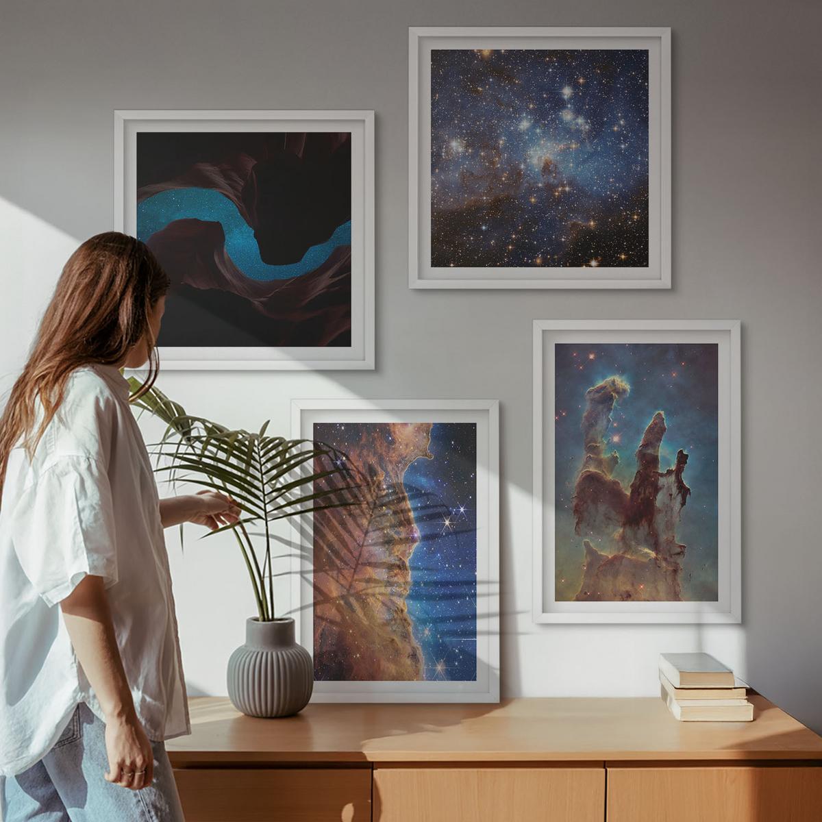 BILDER SET 4er Set - 50x50 cm & 40x60 cm Weißer Rahmen - Weltraumlandschaften von Galaxien - Weiß, Kunststoff (50/50cm) - TULUP