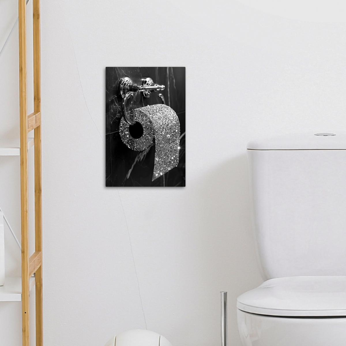 LEINWANDBILD WC - Toilettenpapier - Schwarz und weiß - Glitter Deko Wohnzimmer 20x30 cm - Silberfarben, Textil (20/30cm) - MuchoWow
