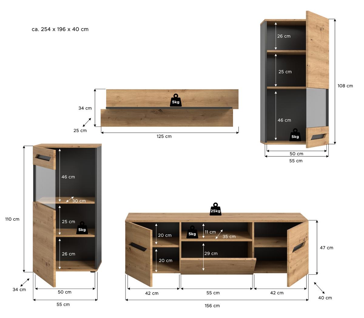WOHNWAND Eiche Artisan und Grau, Set mit 2x Vitrine hängend / stehend, Breite 260 cm - Dunkelgrau/Schwarz, Glas/Holzwerkstoff (354/196/40cm) - Inn.Furn
