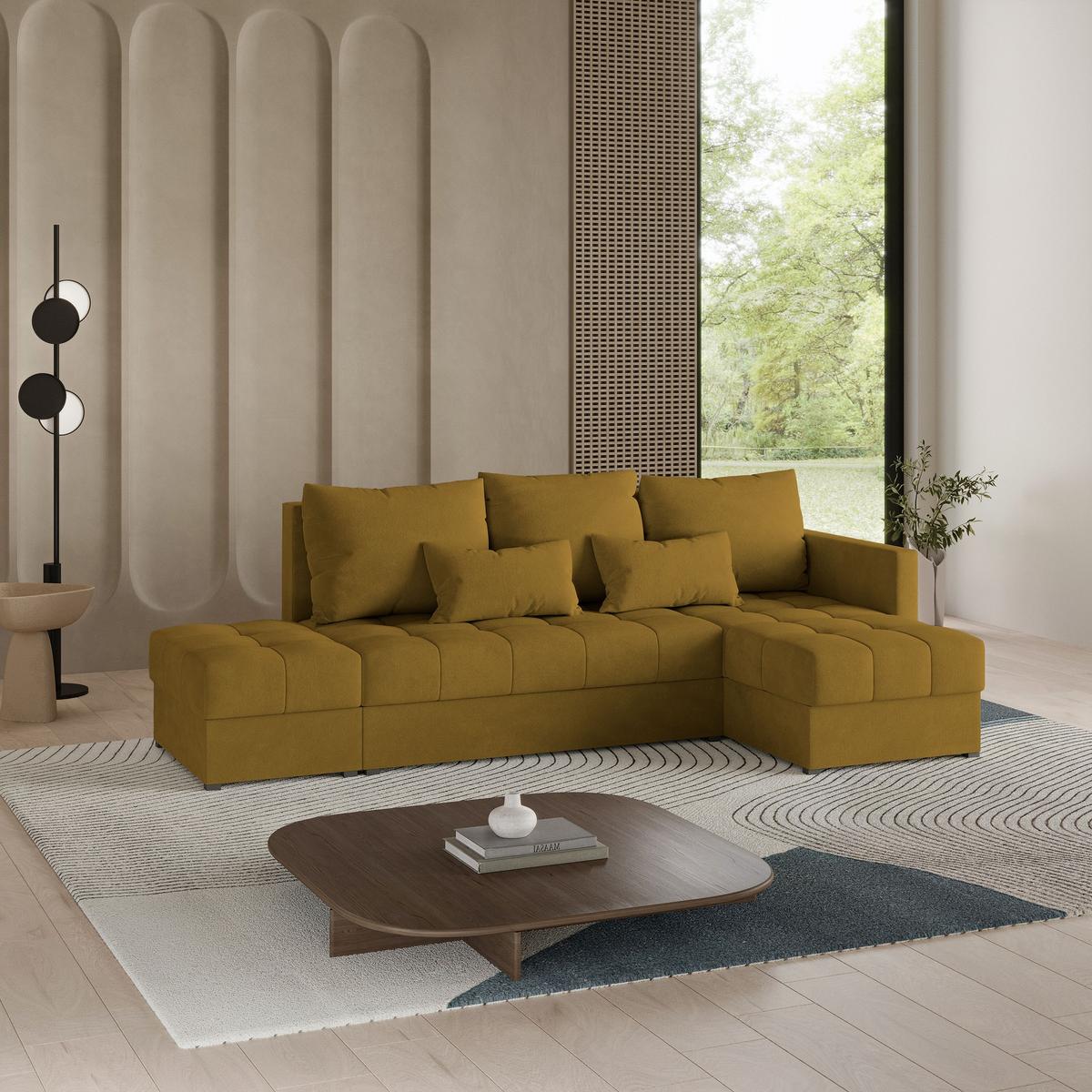 ECKSOFA LUMARI R-S Gelb Plüsch-Stoff mit Schlaffunktion - Gelb, Holz (262/143cm) - MASSENO