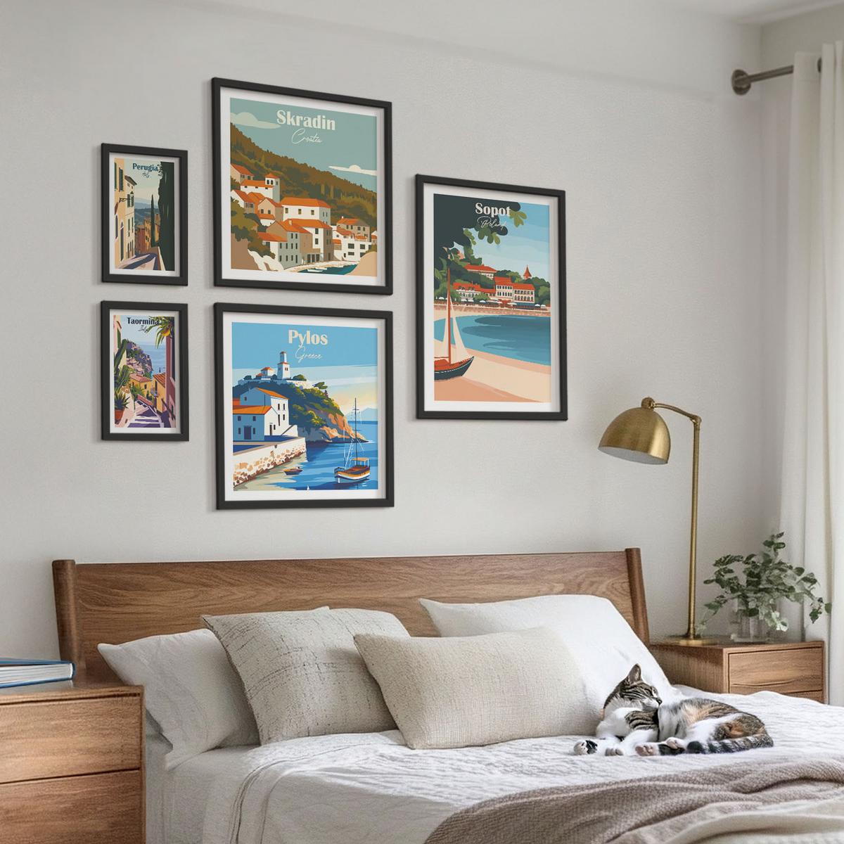 BILDER SET 5er Set - 50x50 cm & 20x30 cm & 40x60 cm Schwarzer Rahmen - Retro-Landschaften im malerischen Stil - Schwarz, Kunststoff (40/60cm) - TULUP