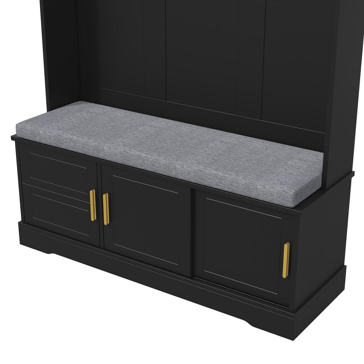 GARDEROBENSET in Schwarz Mit gepolsterter Schuhbank & 6 goldenen Haken - Schwarz, Holzwerkstoff (120/191/40cm) - Urban Meuble