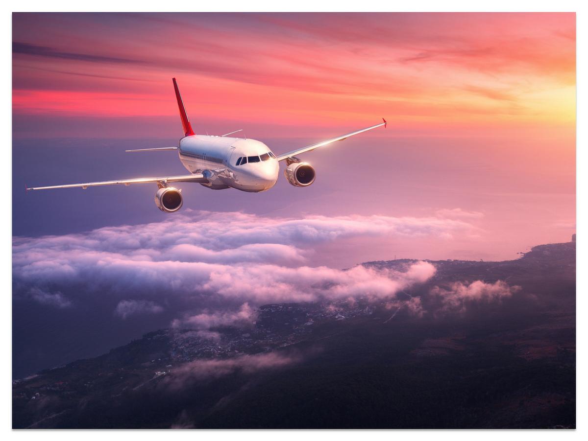 FOTOTAPETE für Wohnzimmer Flugzeug Sonnenuntergang Wolken Himmel 150x105 - Gelb/Rot, Papier (150/105cm) - Muralo
