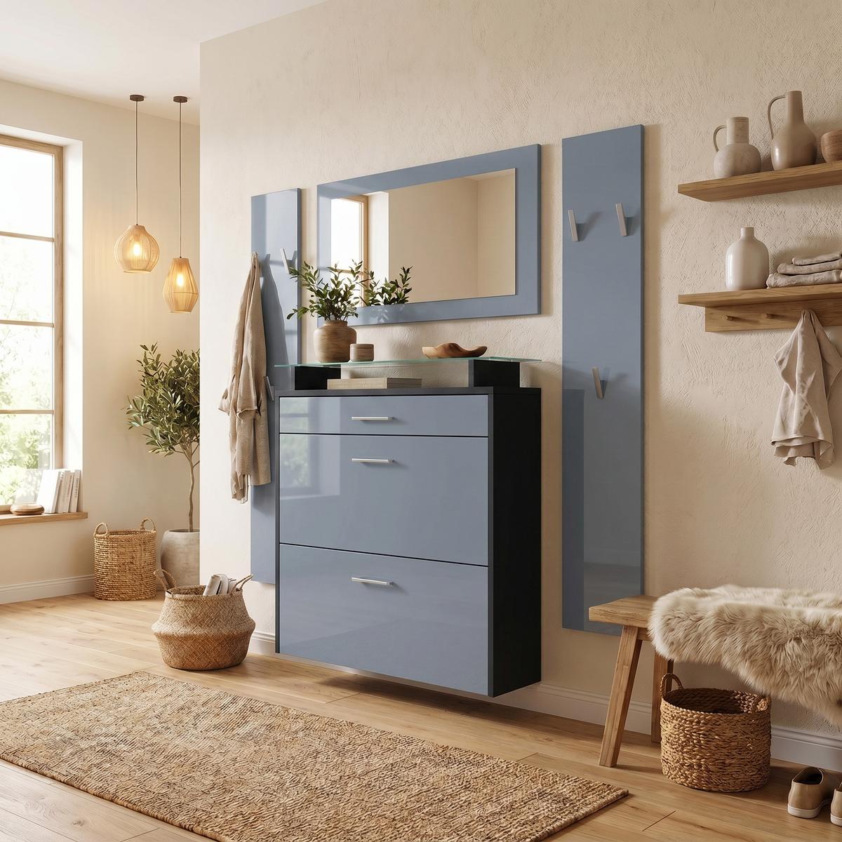 GARDEROBE Malea Front in Grau Hochglanz - Grau, Holzwerkstoff (180/180/23cm) - Vladon