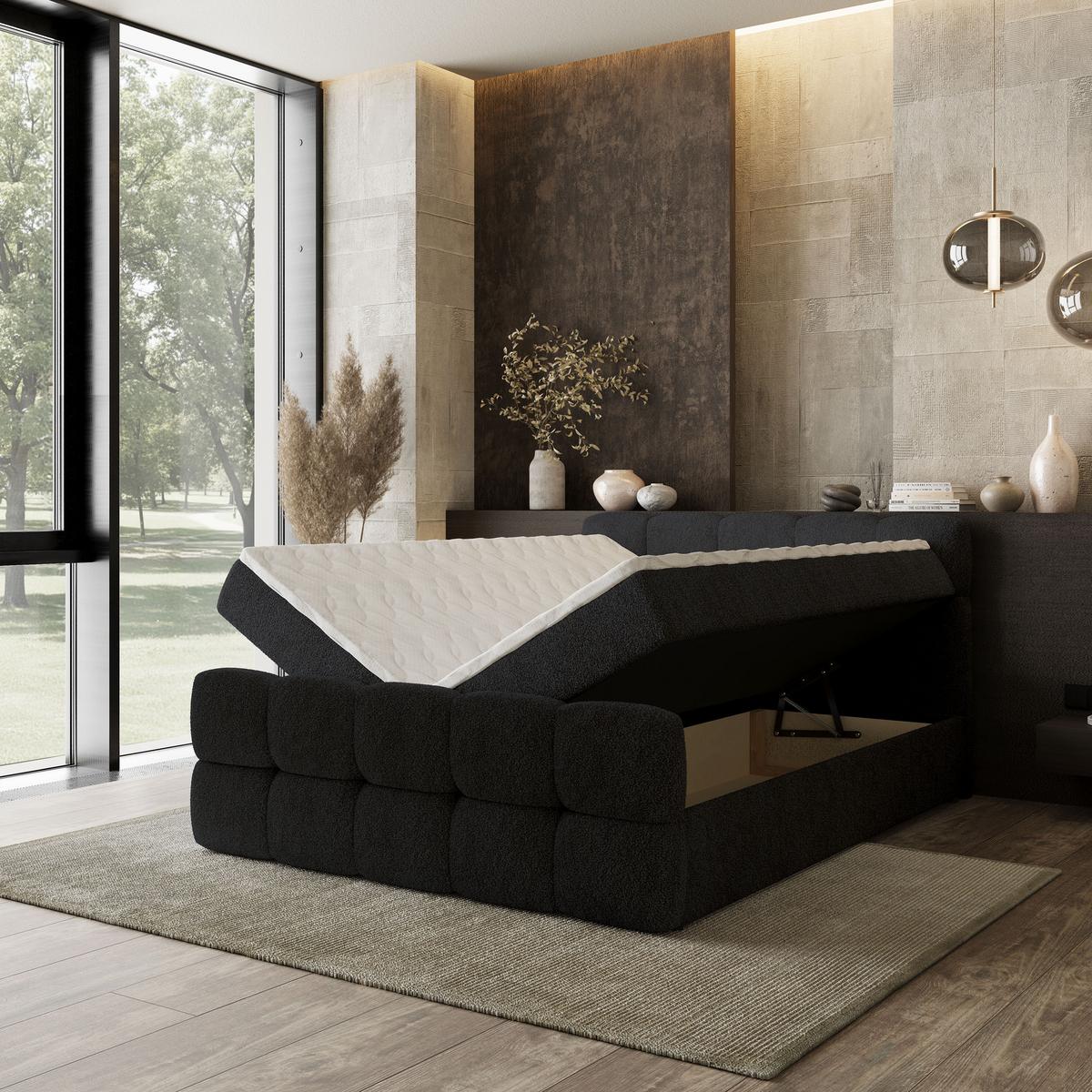 BOXBETT BRUME 180x200 cm mit Matratze und Topper, H2+H3 - Schwarz - Schwarz, Holz (180/200cm) - MASSENO
